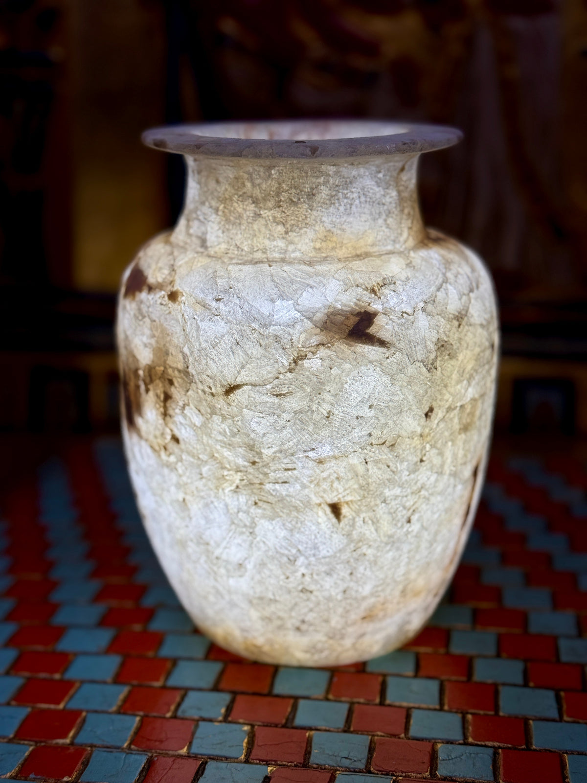Small cream alabaster vase with warm brown markings, rounded shoulders and a flared rim — additional view 2.
