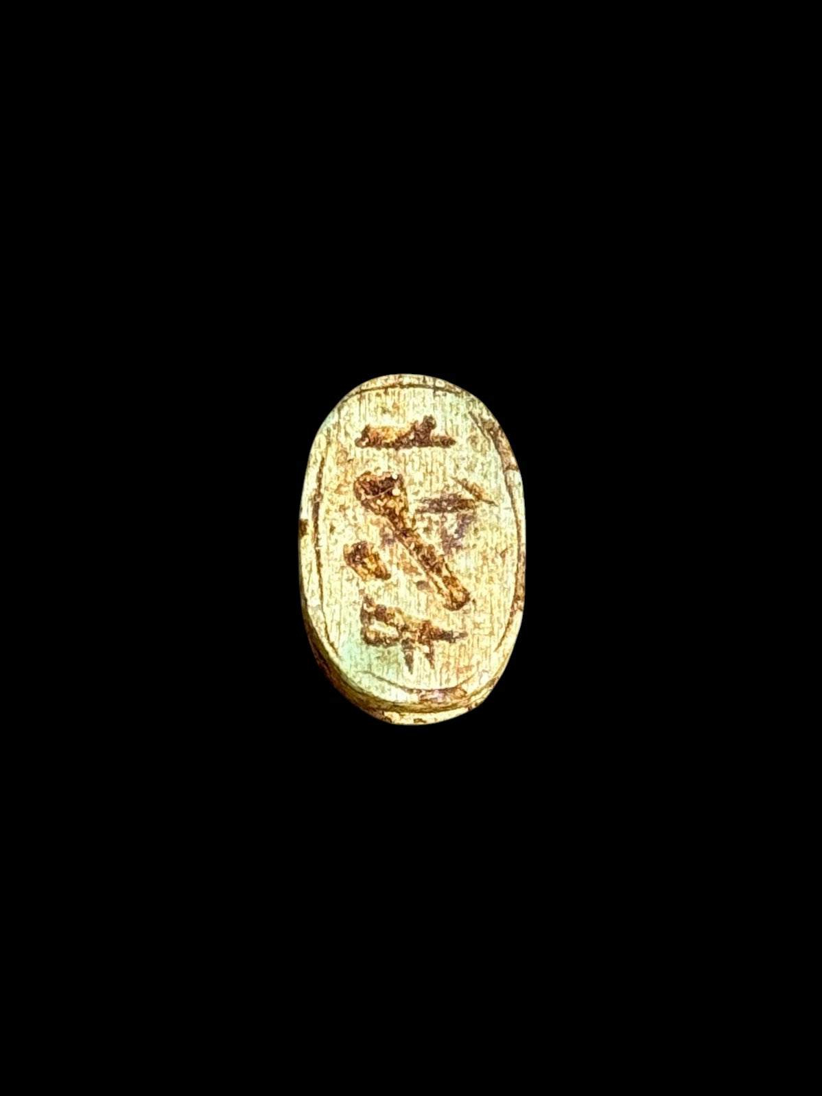 Underside of Egyptian scarab SC-051, showing pale underside with warm brown incised markings.