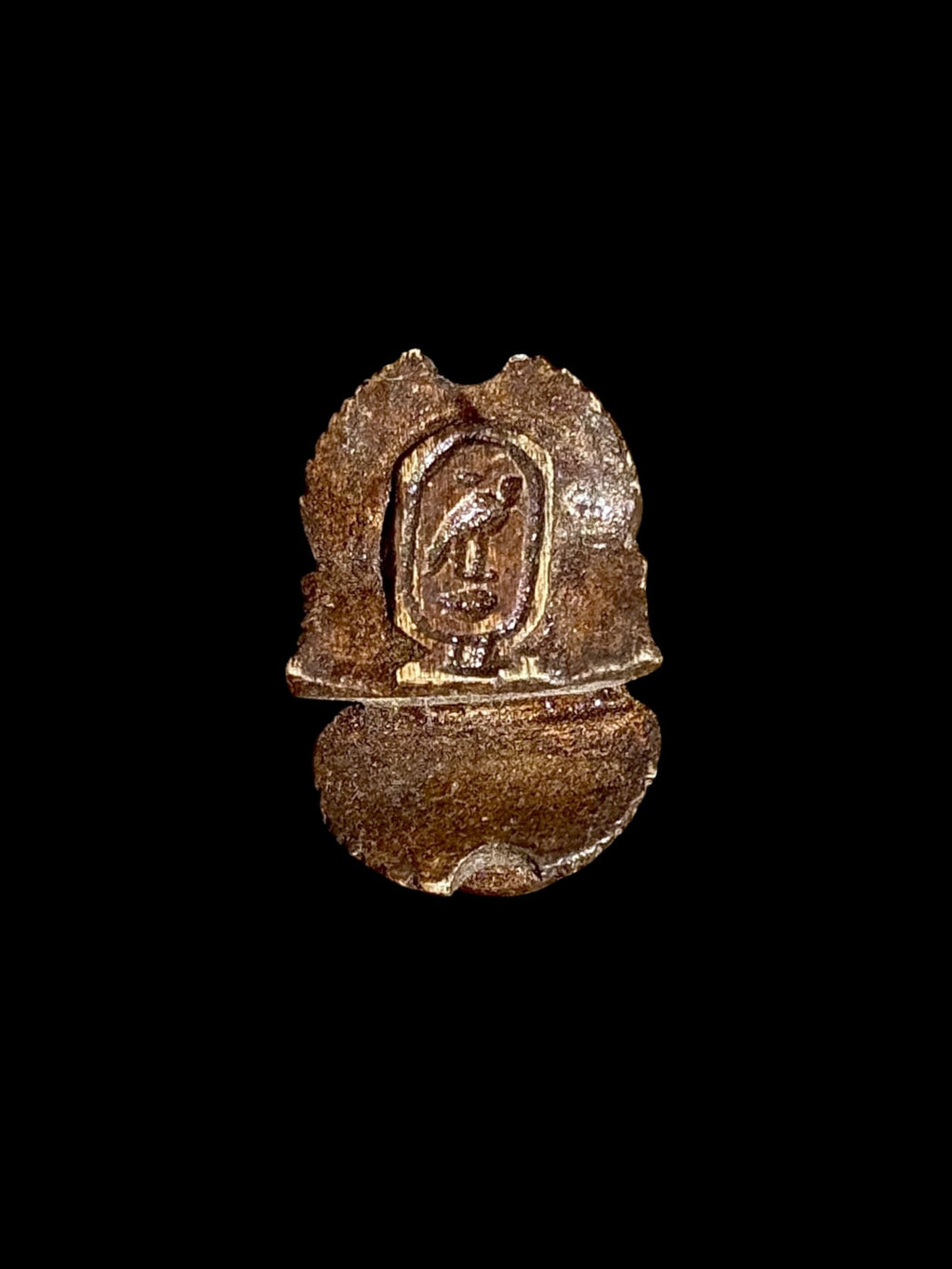 Underside of Egyptian scarab SC-117, showing brown underside with a recessed central motif and a horizontal dividing line.