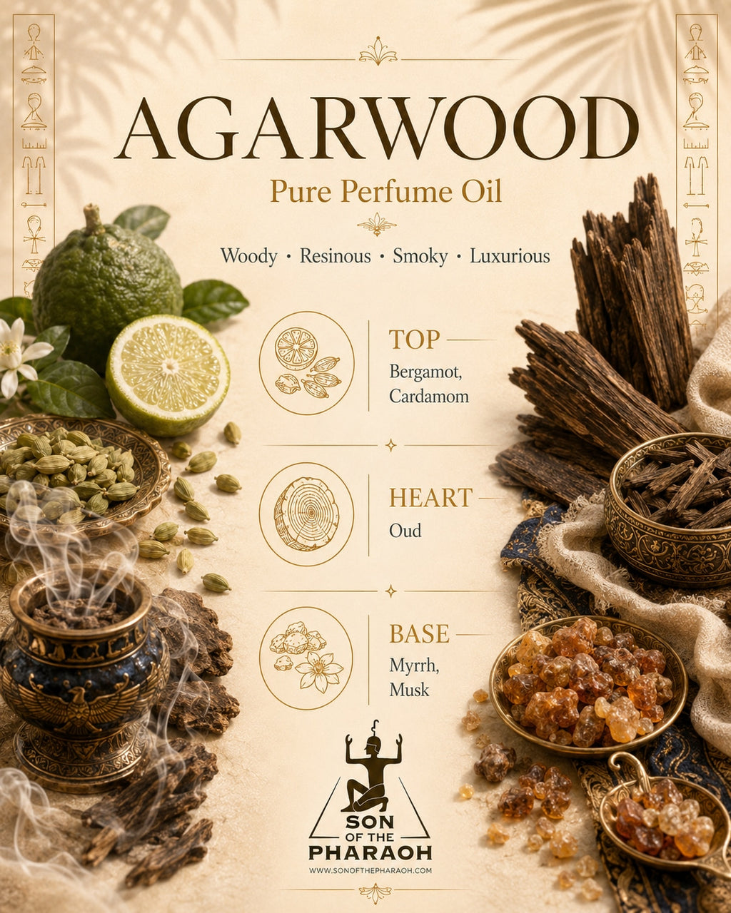 Agarwood Perfume Oil — fragrance notes infographic