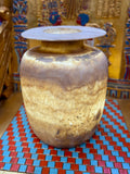 Large wide alabaster vase with smoky brown and pale honey bands, a low neck and broad flared rim — full view.