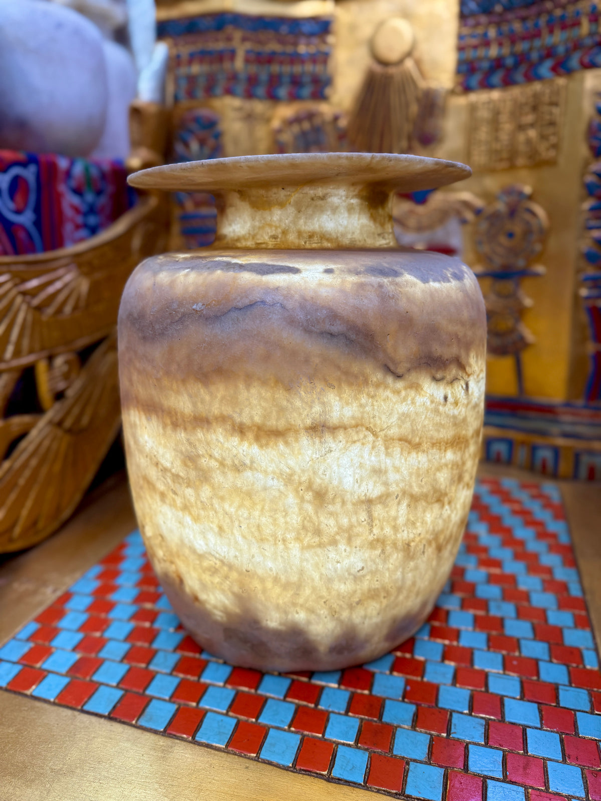 Large wide alabaster vase with smoky brown and pale honey bands, a low neck and broad flared rim — additional view 2.
