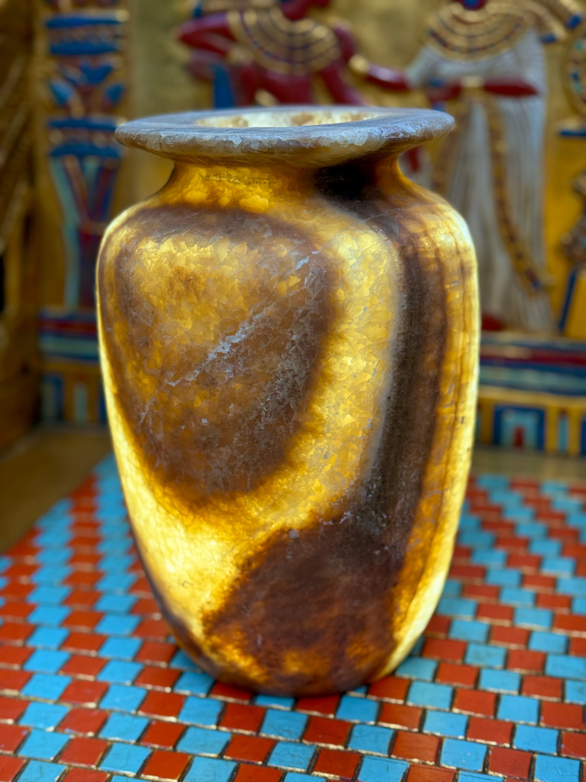 Tall alabaster vase with golden-coloured stripes, deep brown bands and a flared rim — additional view 2.
