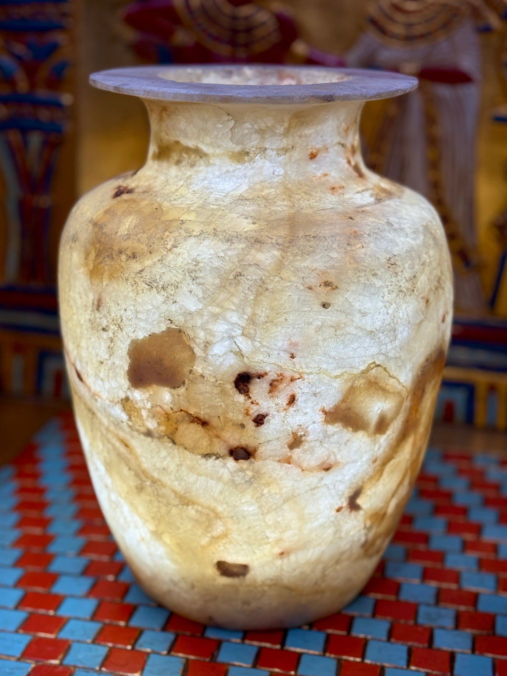 Tall cream alabaster vase with chestnut-brown patches, fine veining and a flared rim — additional view 2.