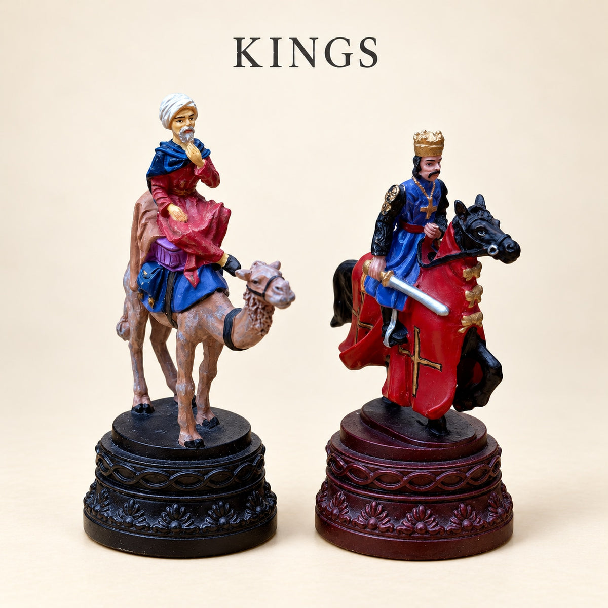 Crusaders vs. Arabs pewter king pieces, one mounted on a camel and one on a black horse.