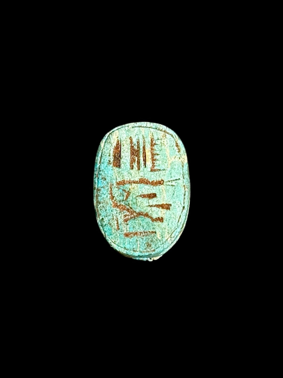 Underside of Egyptian scarab SC-108, showing green underside with warm brown markings.