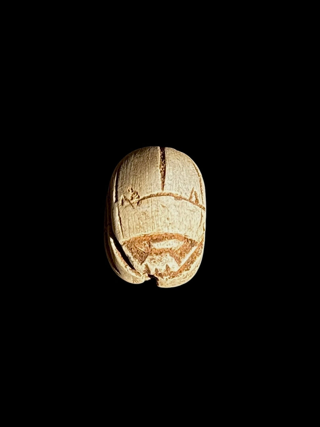 Top view of a cream and tan stone scarab showing a central groove, curved divisions across the back and recessed head details.