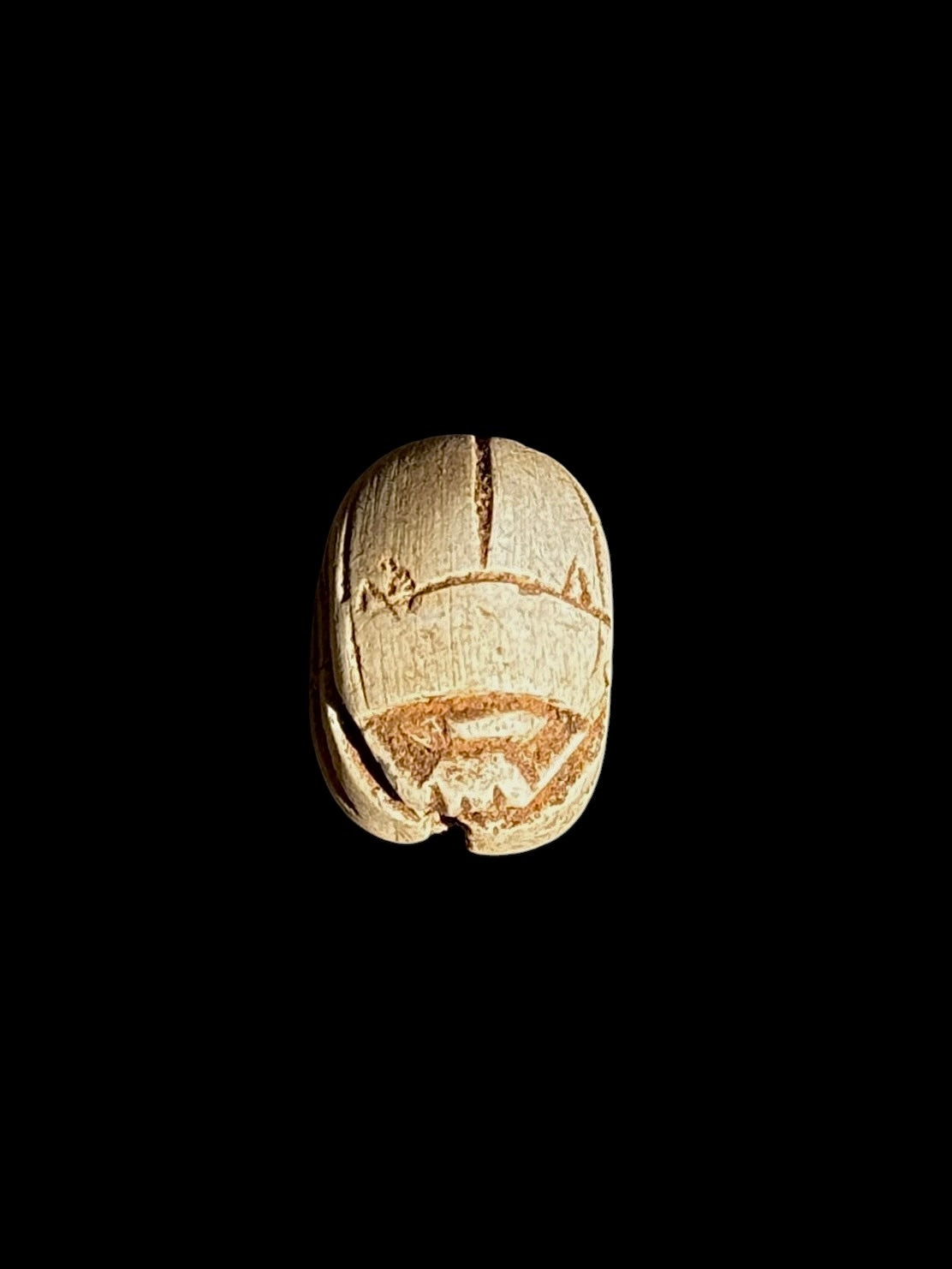 Top view of a cream and tan stone scarab showing a central groove, curved divisions across the back and recessed head details.