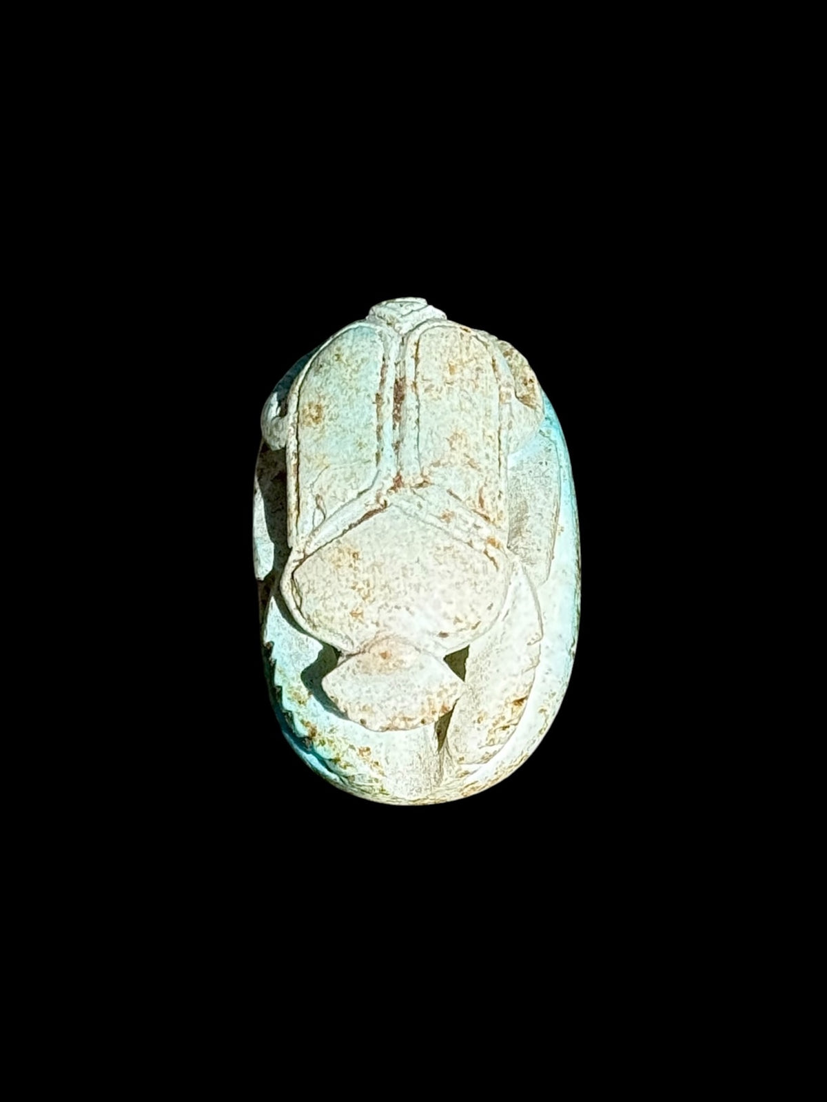 Top view of Egyptian scarab SC-114, showing pale blue and cream tones.