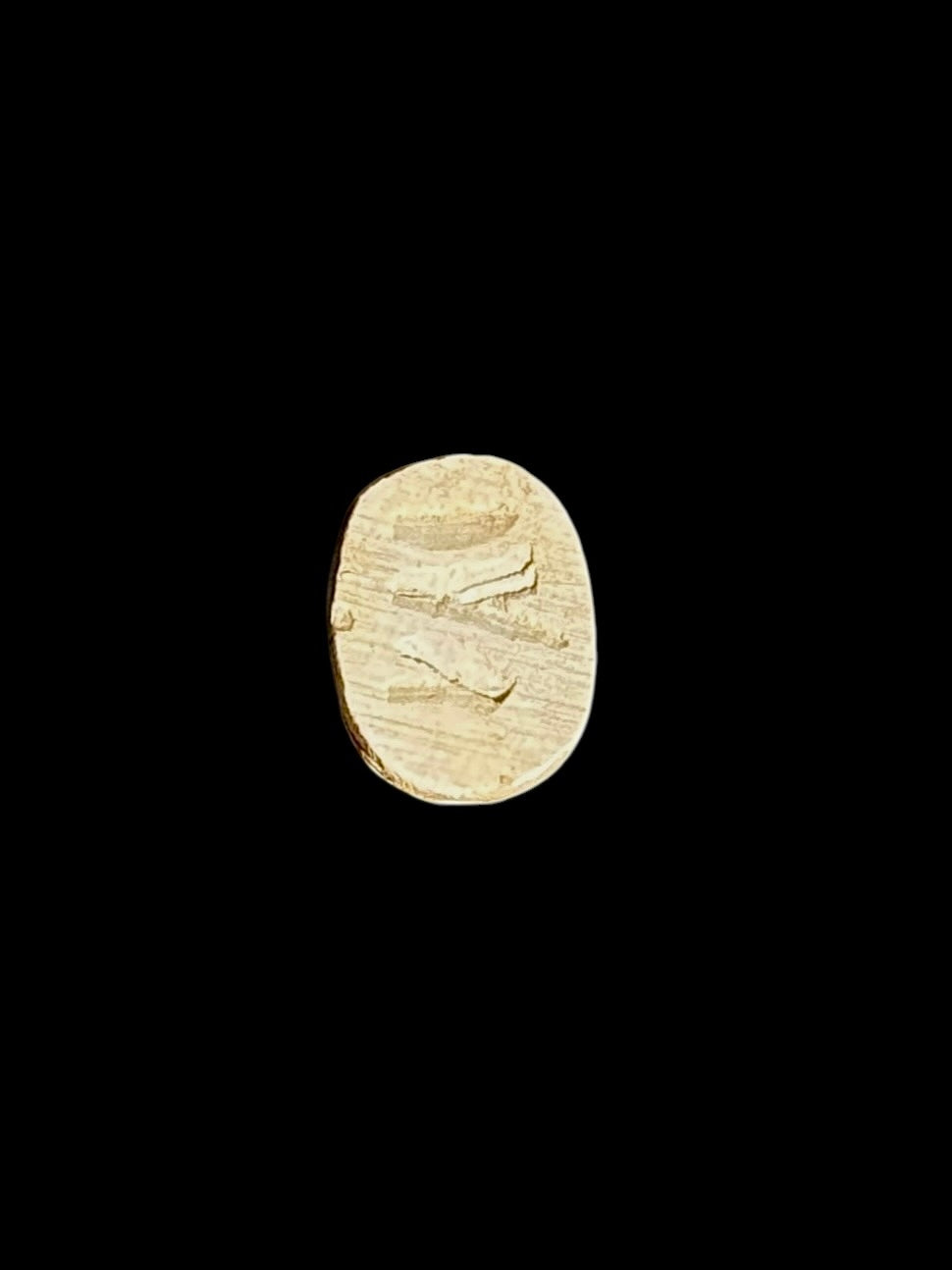 Flat underside of a cream-coloured stone scarab showing incised markings and brown surface accents against a black background.