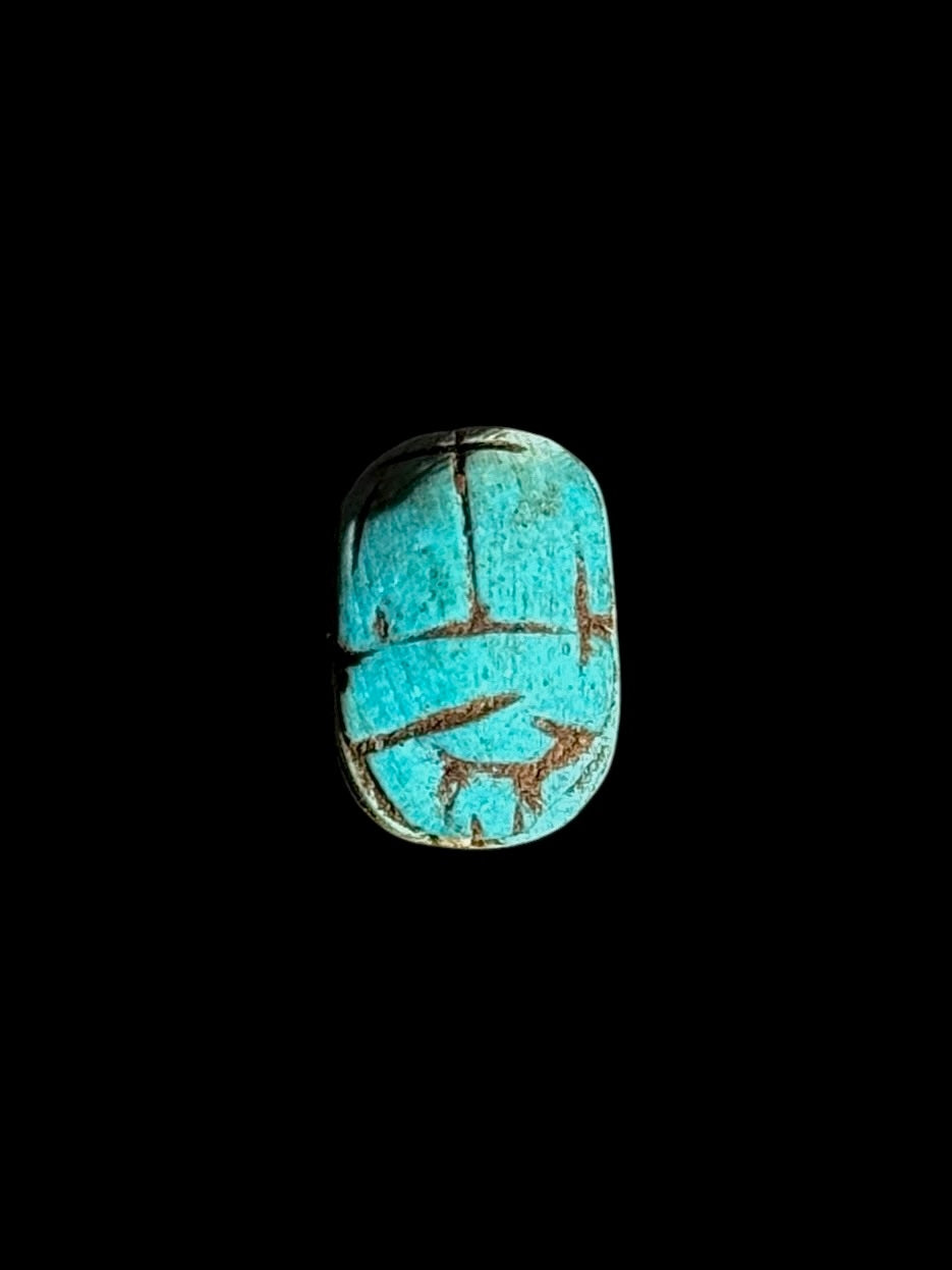 Top view of a blue-green stone scarab with brown-toned recessed lines defining the head and wing cases against a black background.