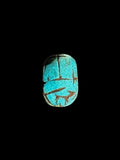 Top view of a blue-green stone scarab with brown-toned recessed lines defining the head and wing cases against a black background.