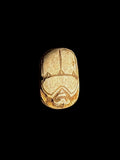 Top view of a cream-coloured stone scarab with brown incised lines defining the beetle’s back against a black background.