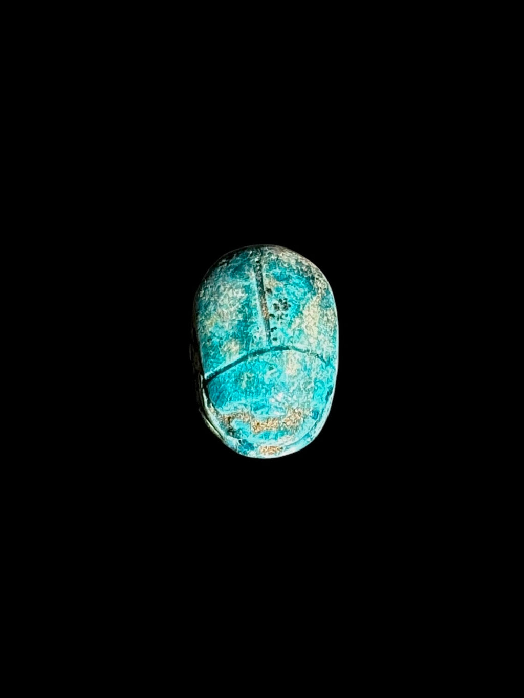 Top view of an oval turquoise-coloured scarab with incised beetle details and mottled cream and brown areas against a black background.