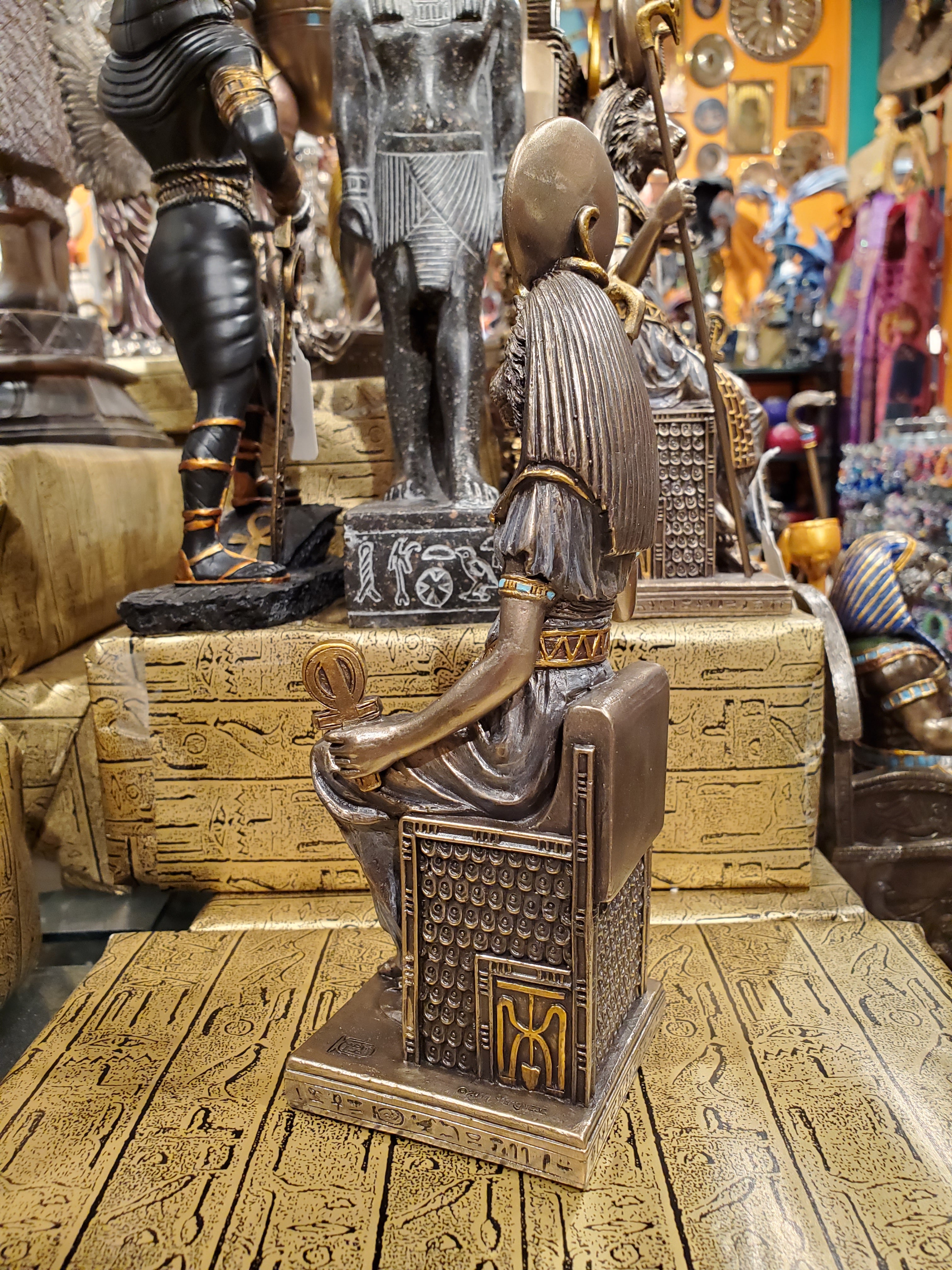 Sekhmet on Throne with Staff & Ankh Statue