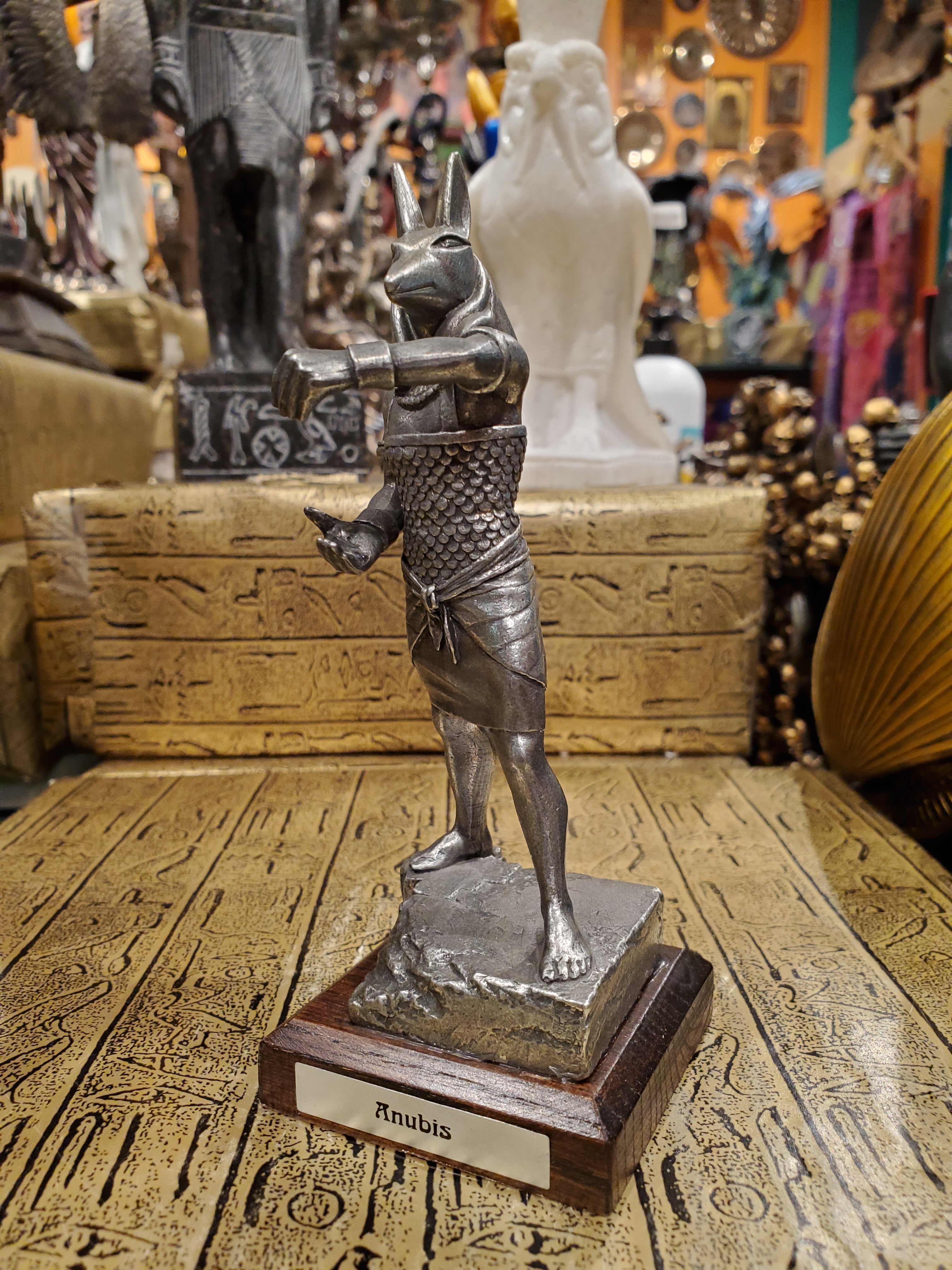 Pewter Anubis Statue on Wood Base