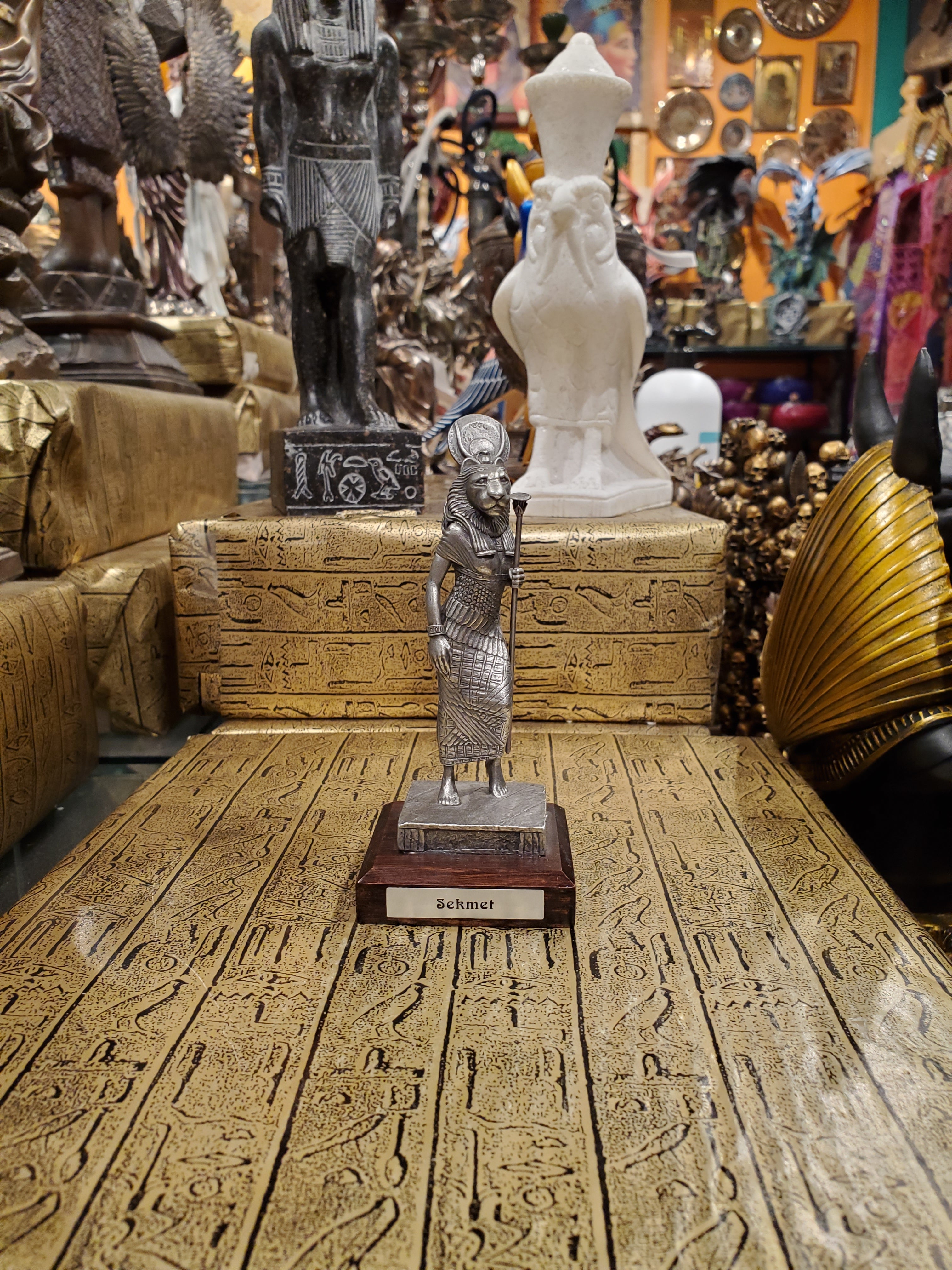 Pewter Sekhmet Statue on Wood Base