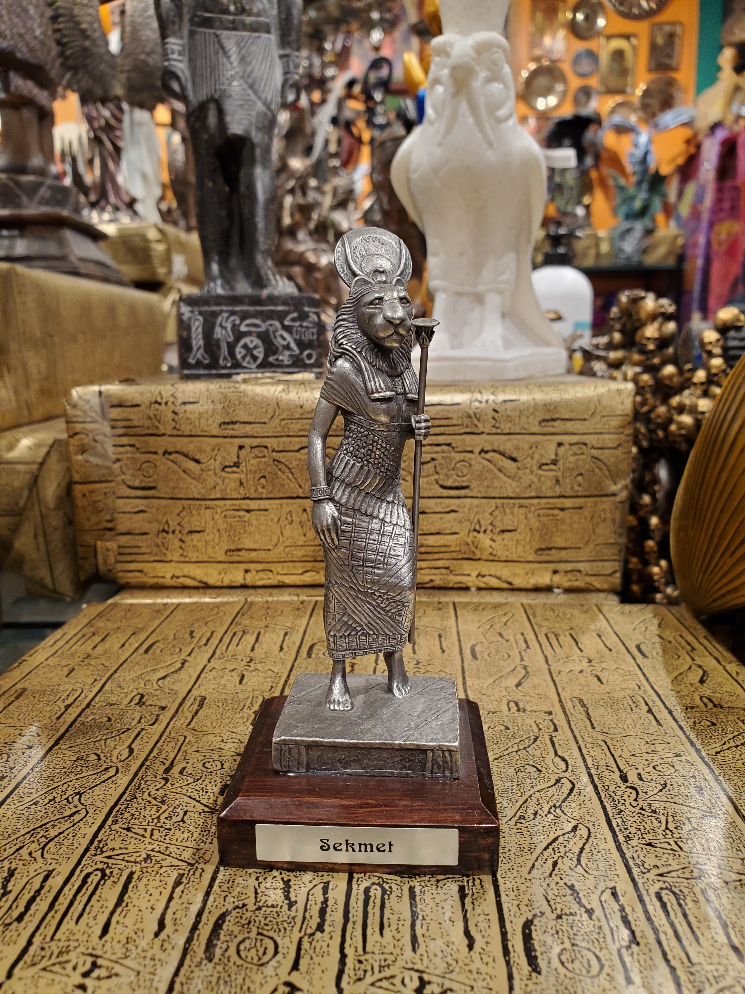 Pewter Sekhmet Statue on Wood Base