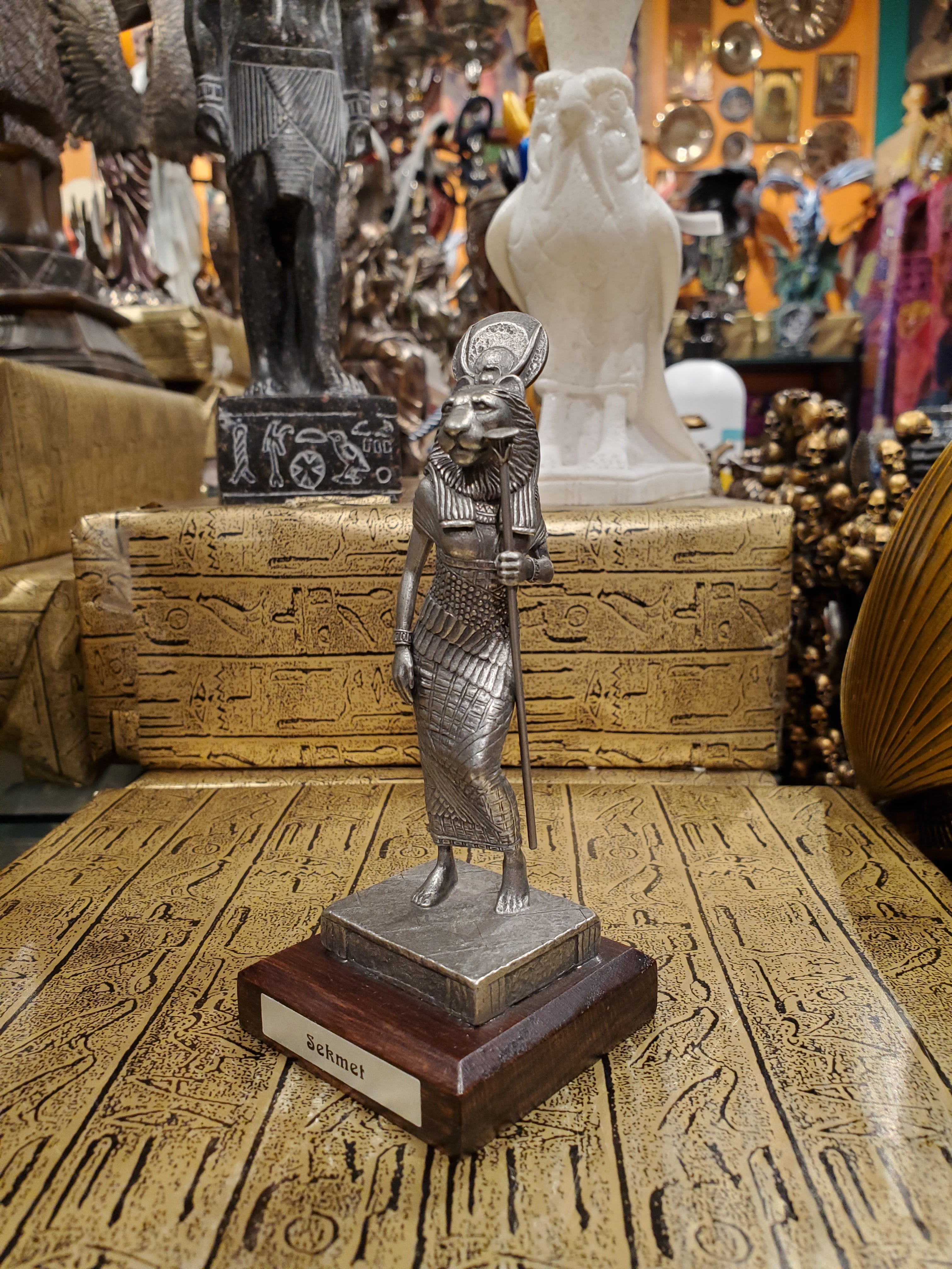 Pewter Sekhmet Statue on Wood Base