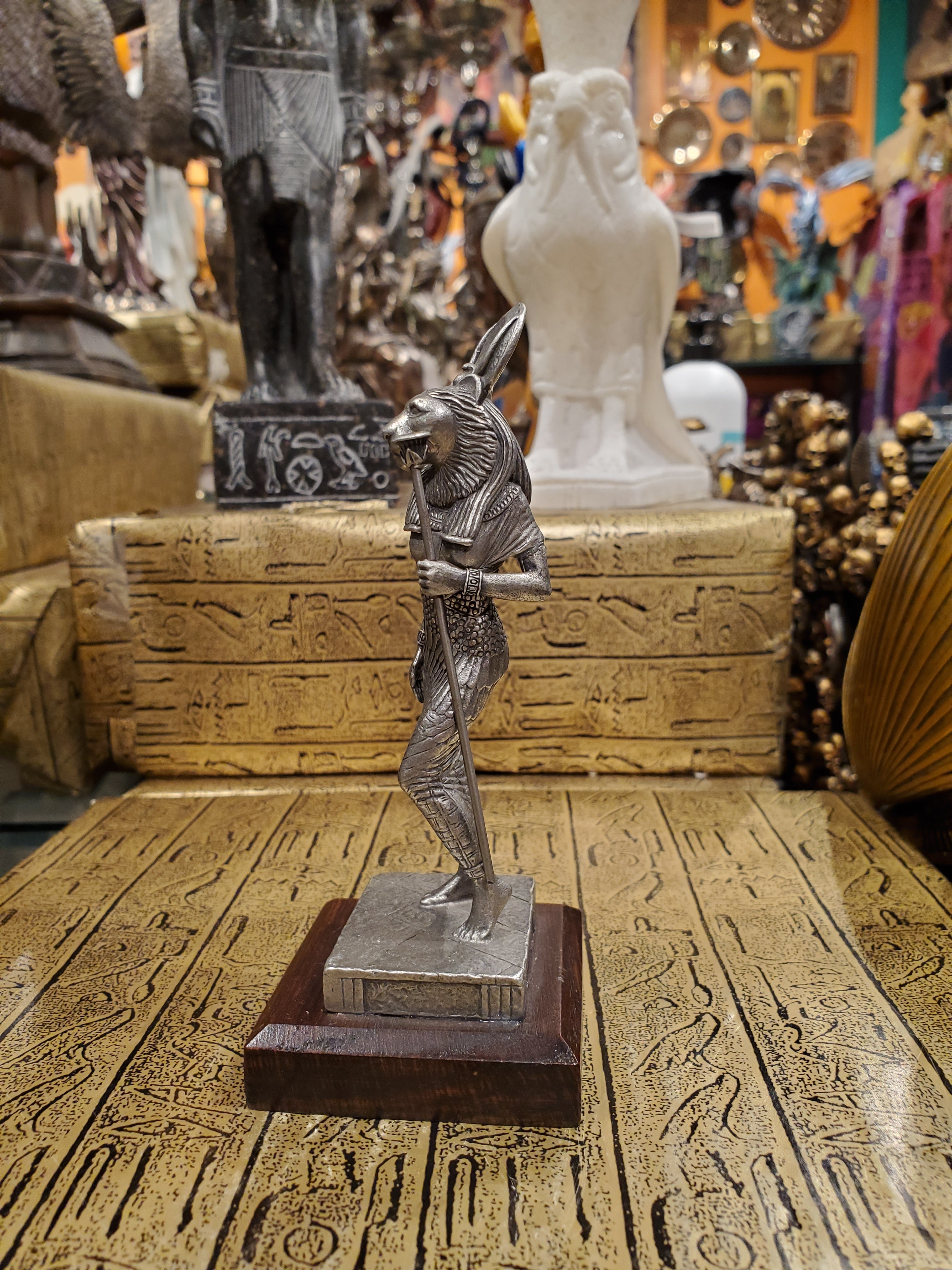 Pewter Sekhmet Statue on Wood Base