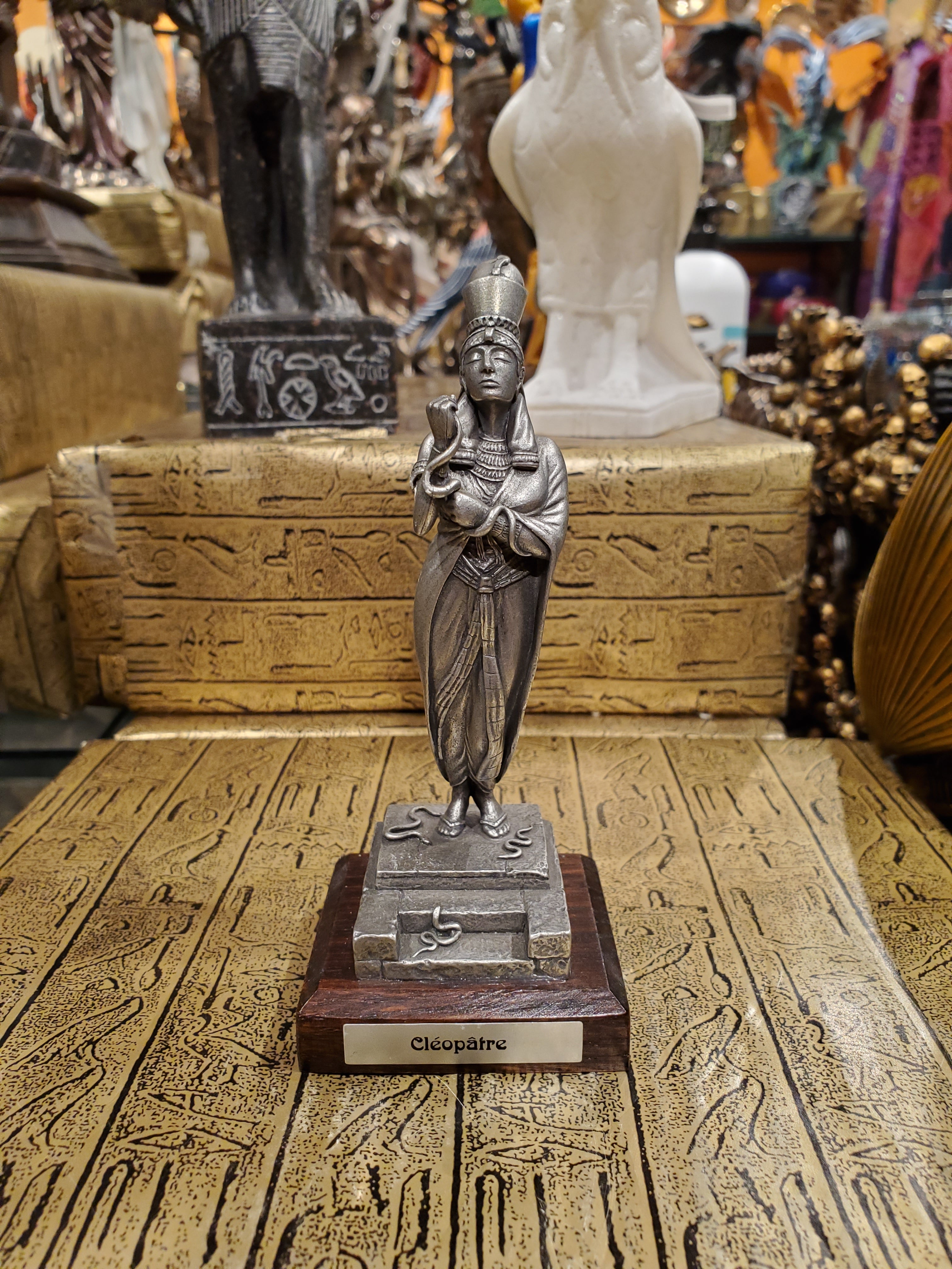 Pewter Cleopatra Statue on Wood Base