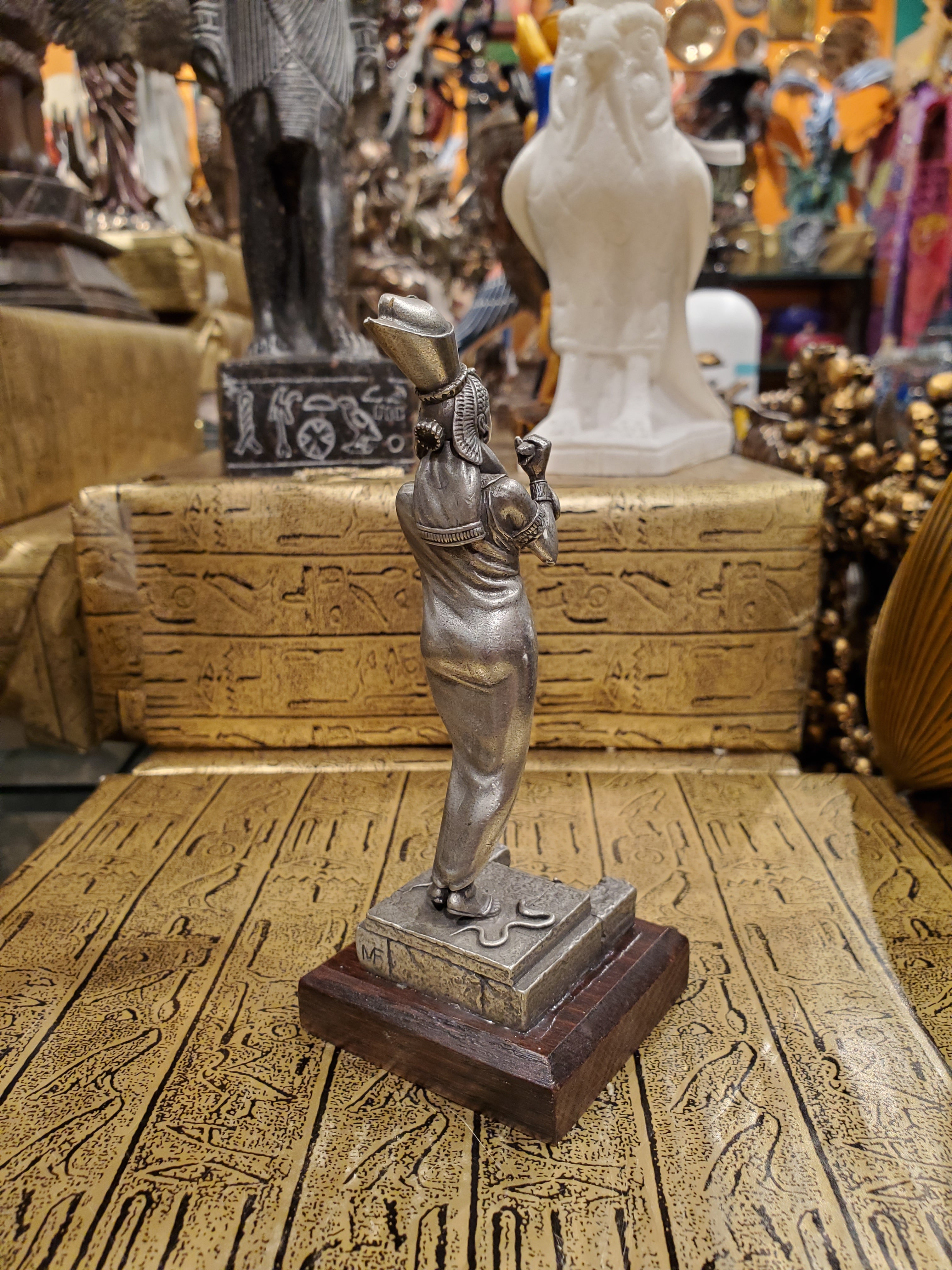 Pewter Cleopatra Statue on Wood Base