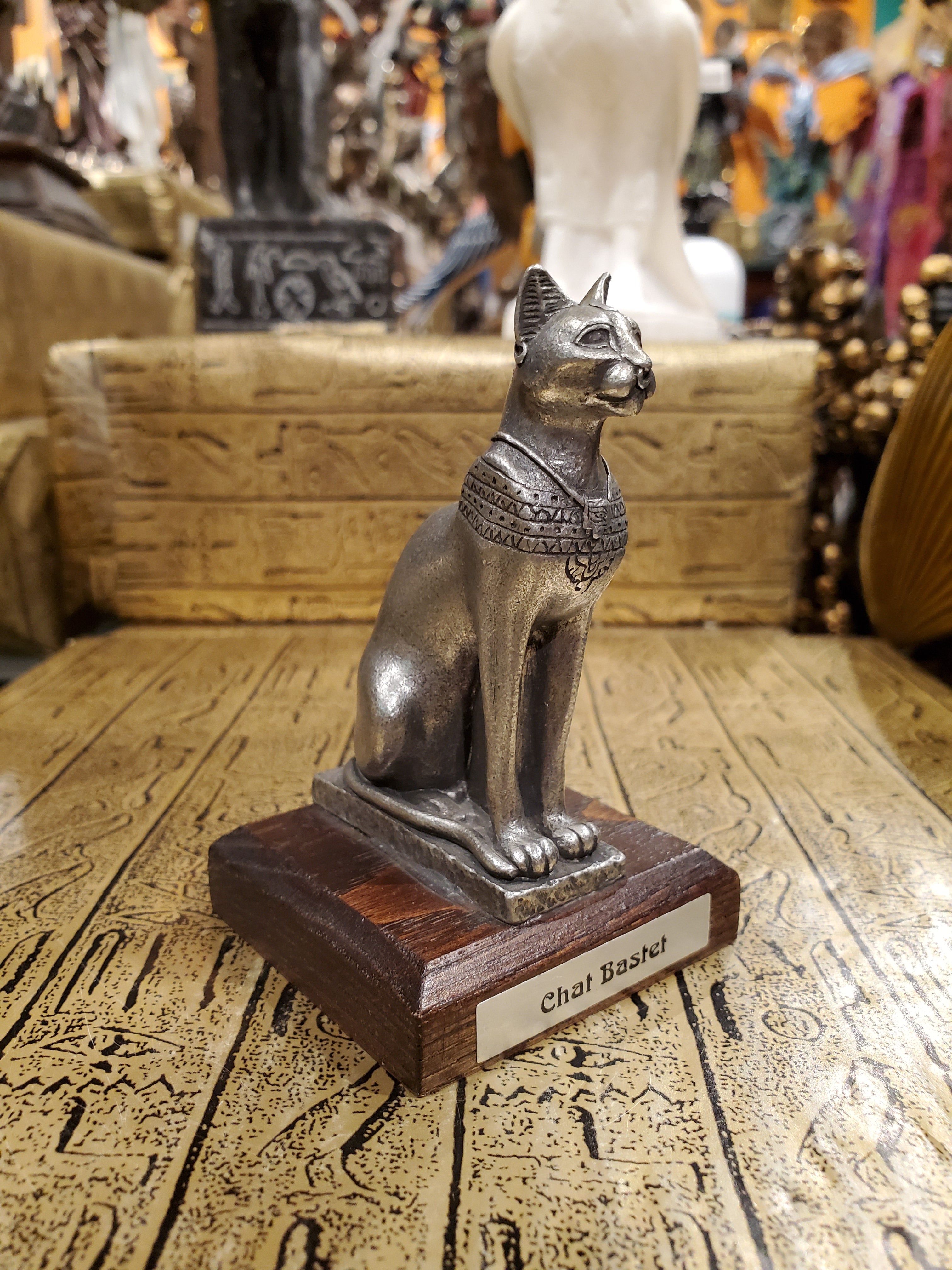 Pewter Bastet Statue on Wood Base