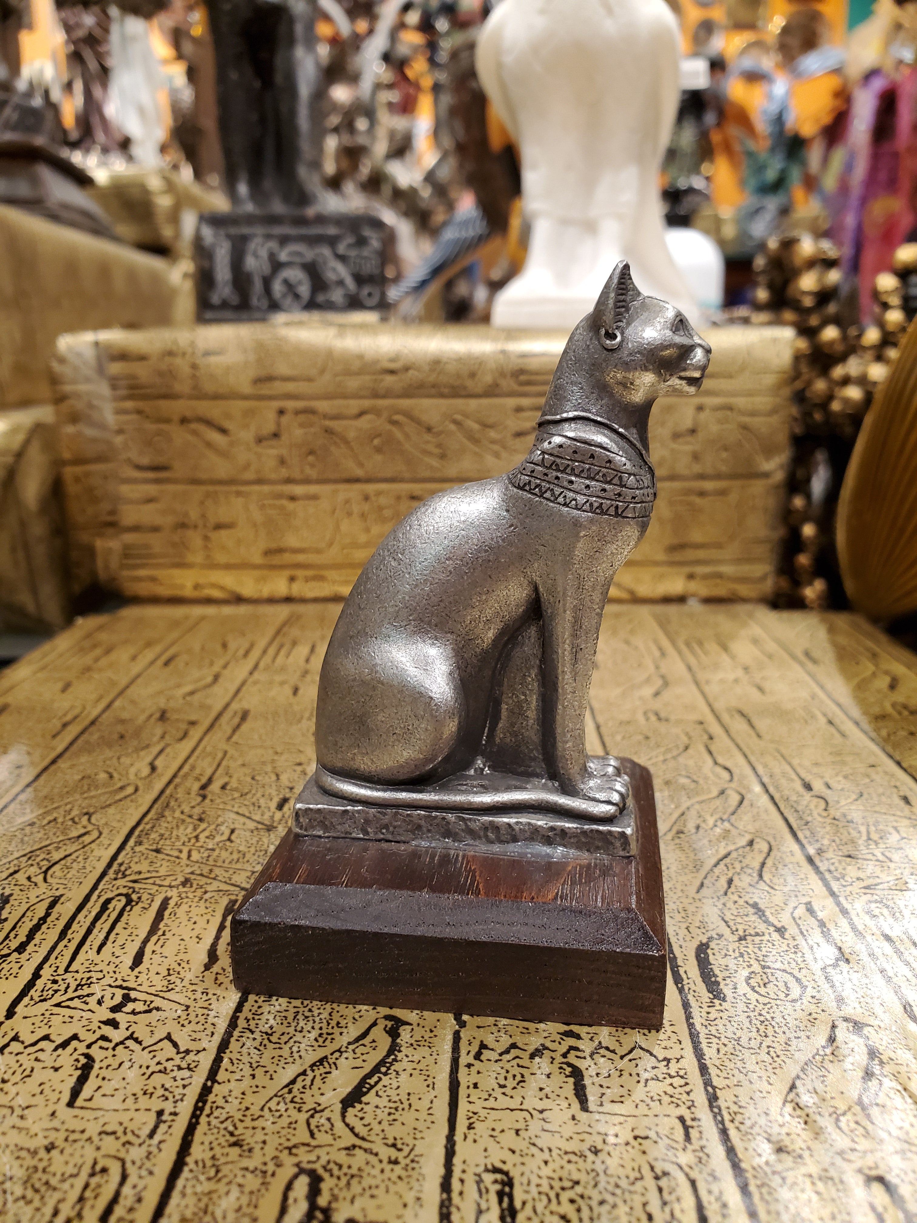 Pewter Bastet Statue on Wood Base