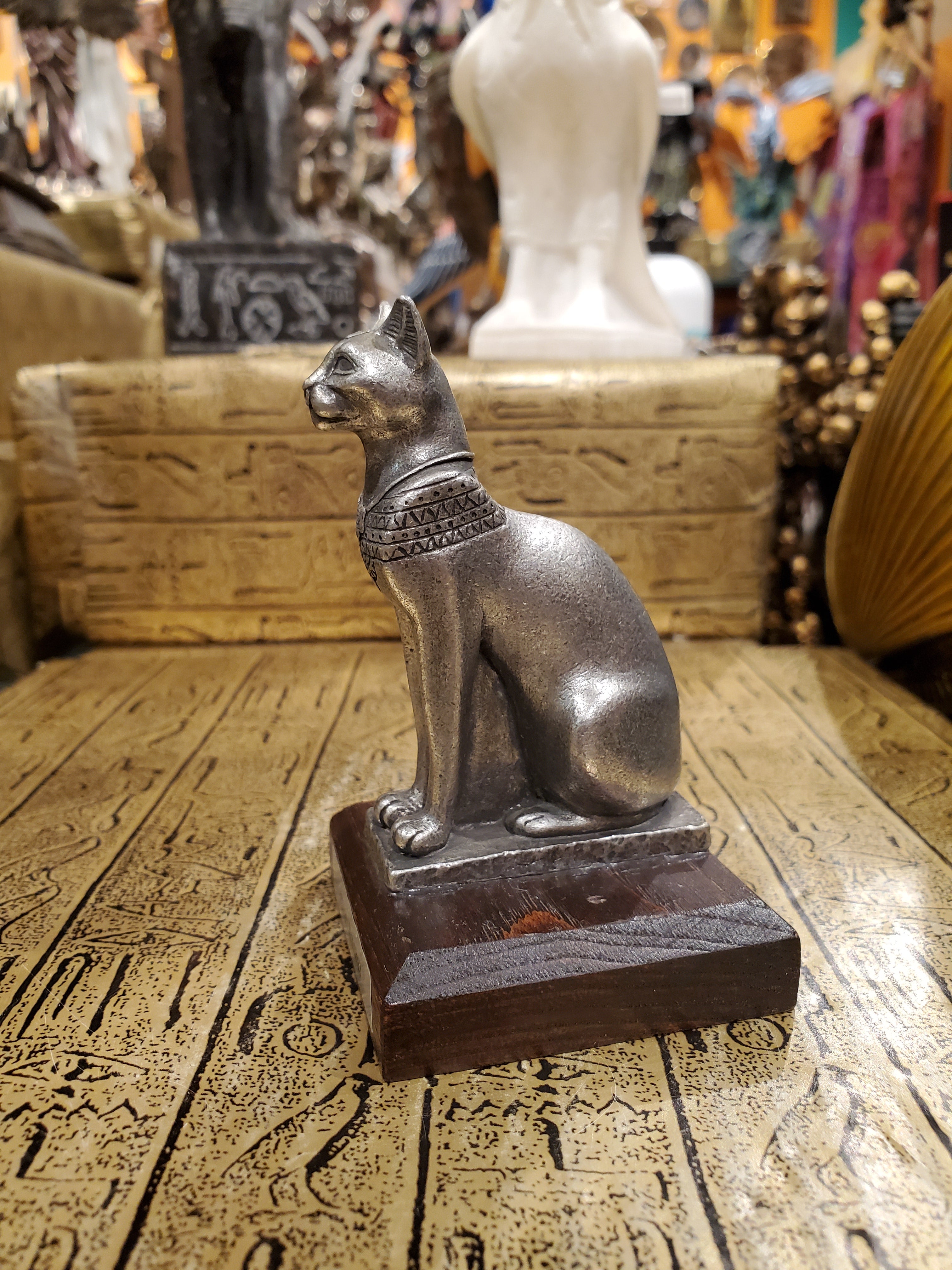 Pewter Bastet Statue on Wood Base