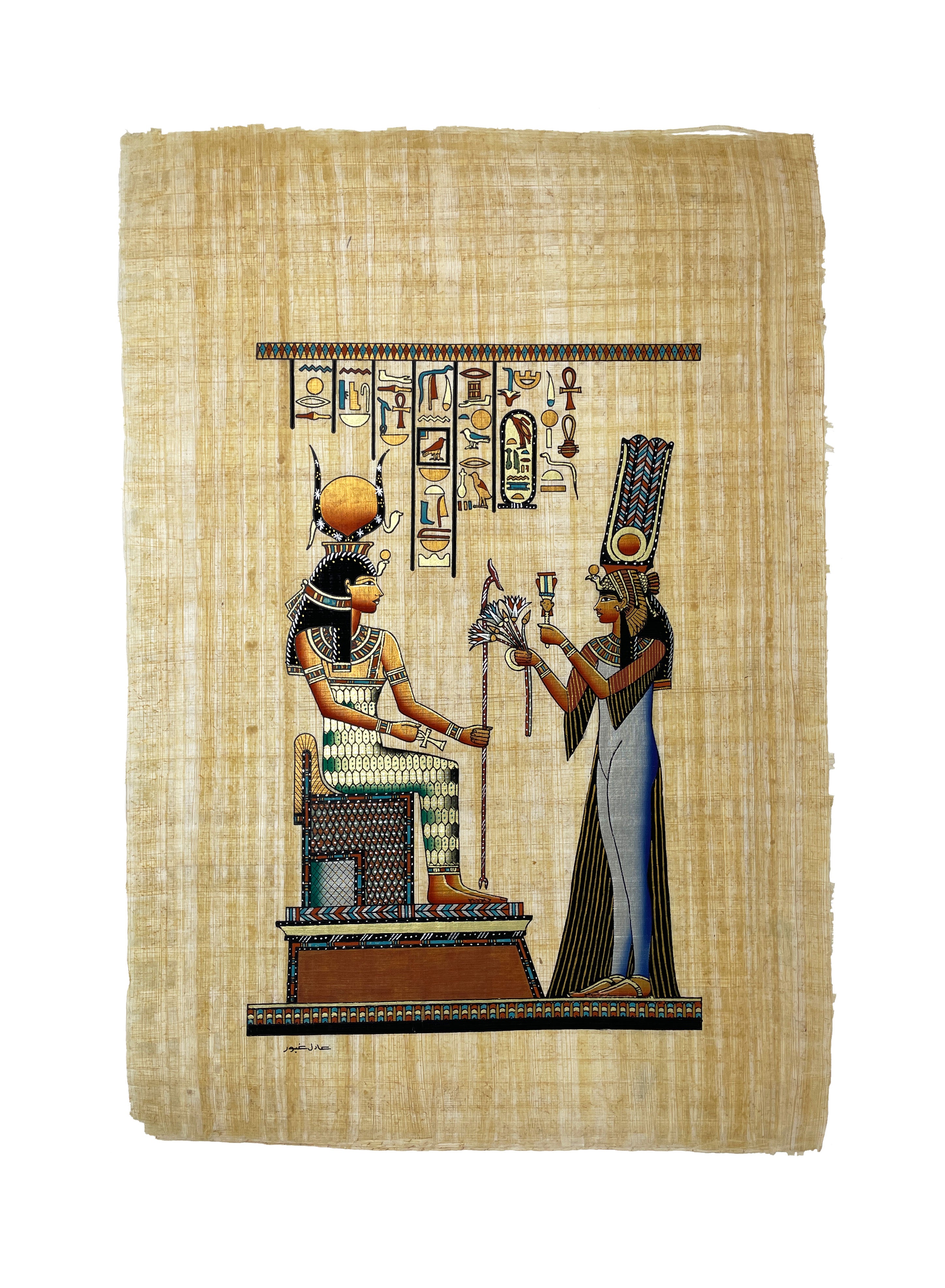 Queen Nefertari offering Lotus Flowers to Isis Papyrus