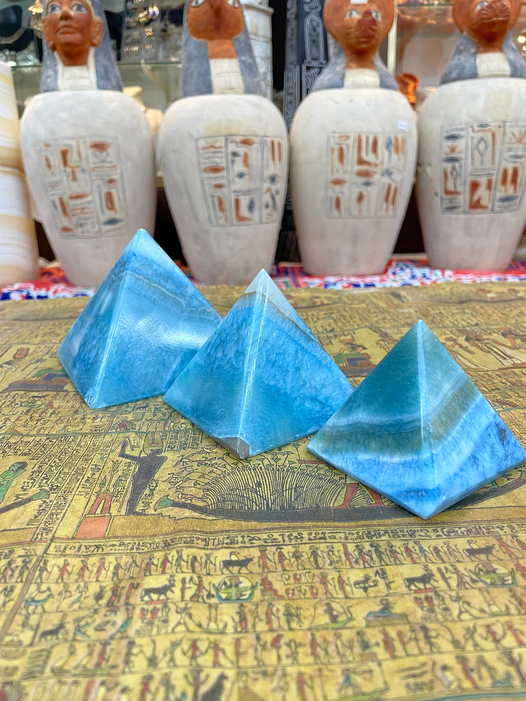 Egyptian Alabaster Pyramid Set - Blue, Set of 3