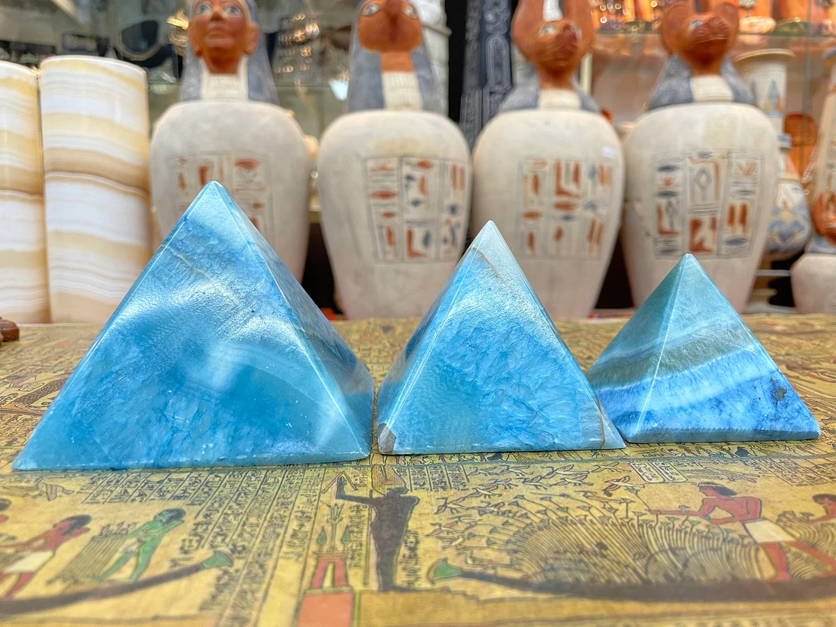 Egyptian Alabaster Pyramid Set - Blue, Set of 3