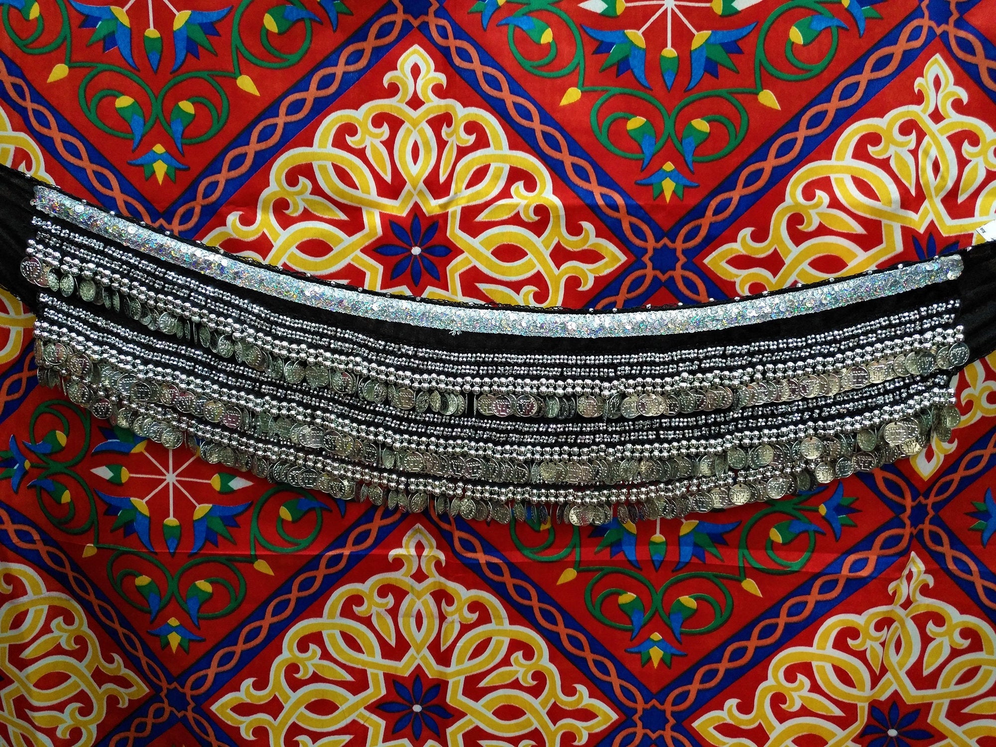 Egyptian Style Belly Dance Hip Scarf - Black Velvet Coin Belt for Belly Dancing with Sparkly Sequin Band & Over 300 coins!