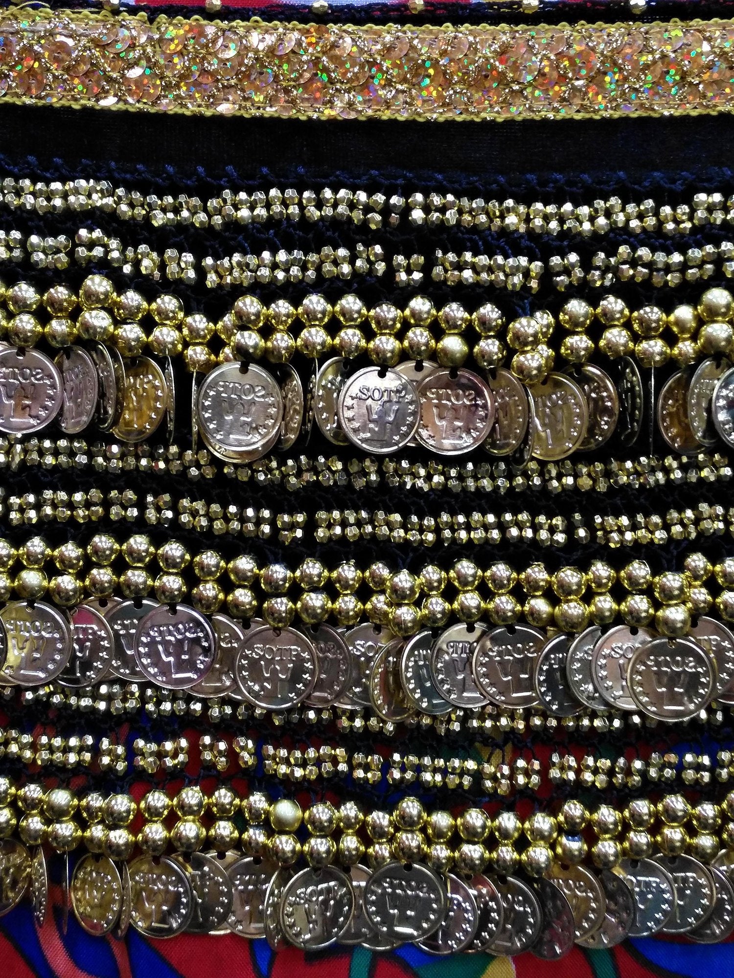 Egyptian Style Belly Dance Hip Scarf - Black Velvet Coin Belt for Belly Dancing with Sparkly Sequin Band & Over 300 coins!