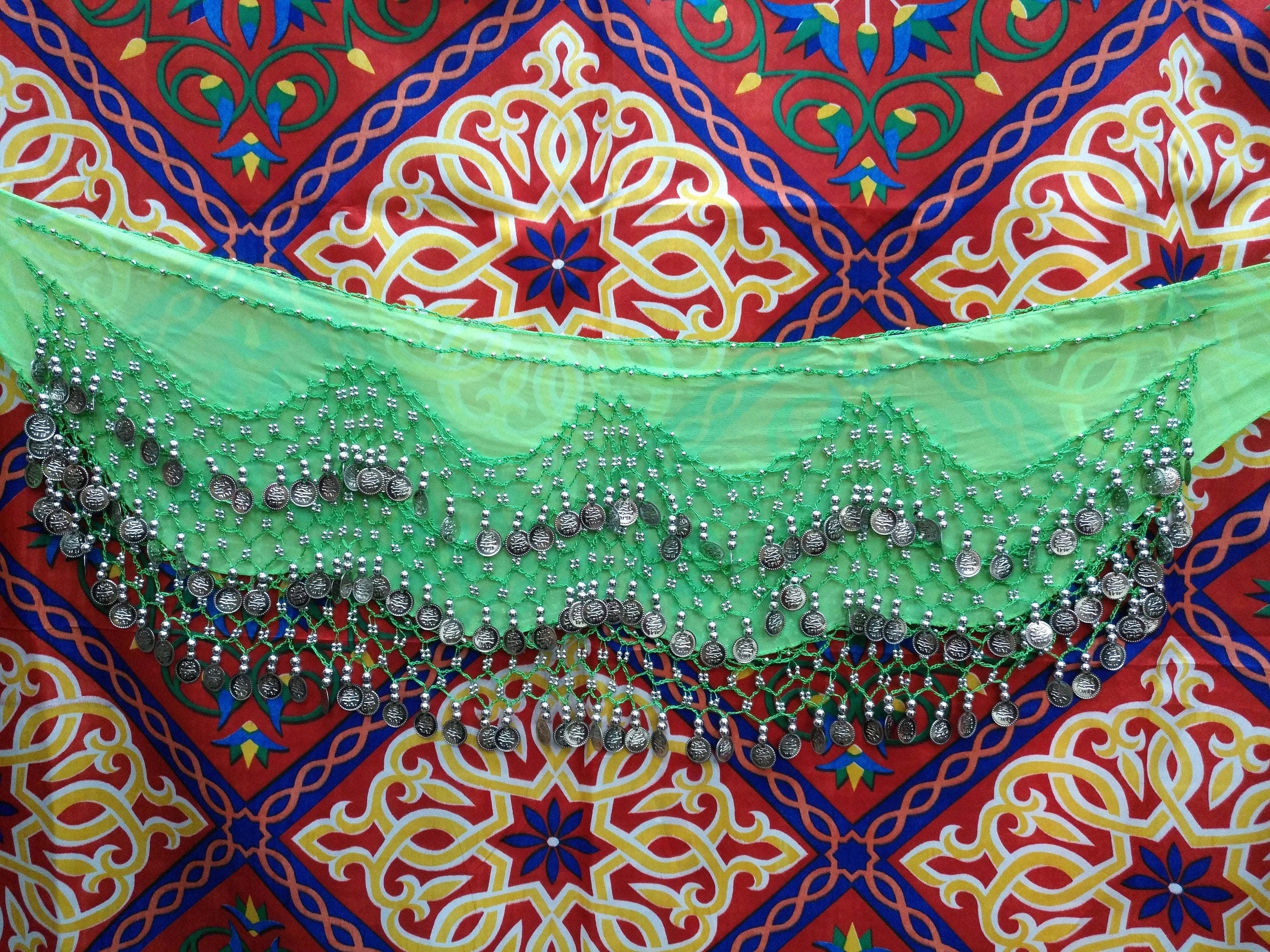 Egyptian Style Belly Dance Hip Scarf - Lime Green Chiffon Coin Belt for Belly Dancing