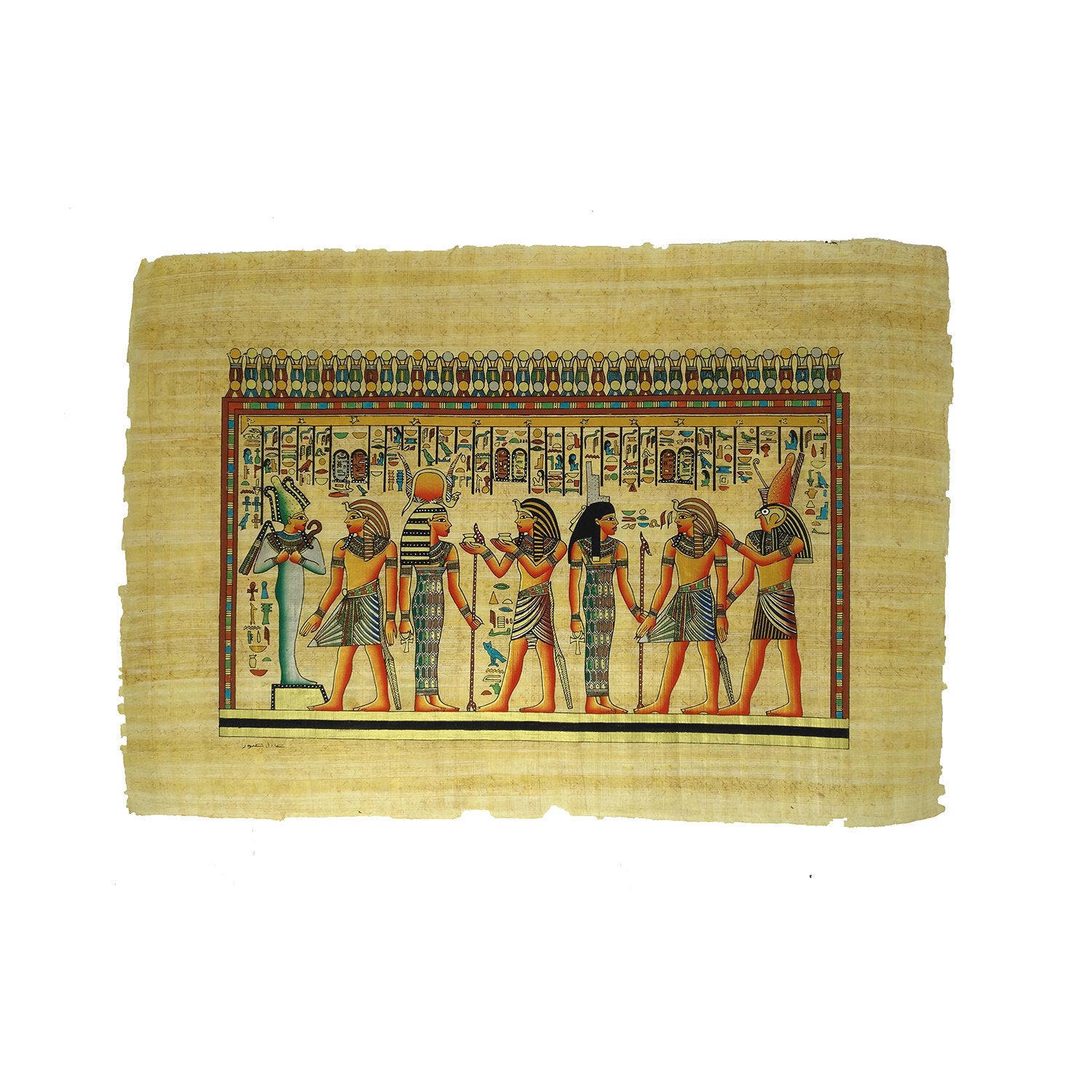 Ramses II being Led by Horus Making Offerings to Hathor, Isis, & Osiris Papyrus - 40x60cm