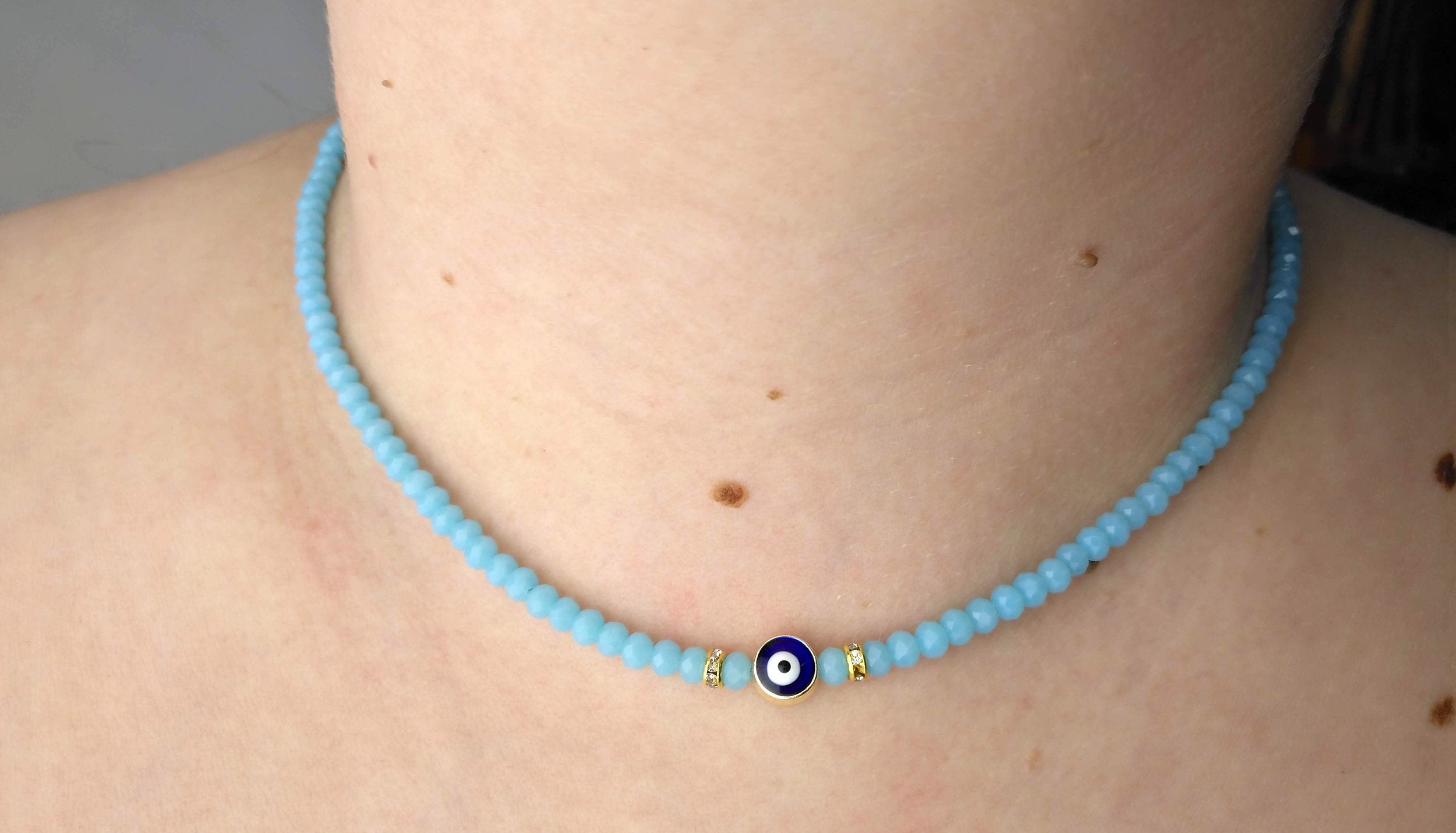 Beaded Evil Eye Necklace - Azure Blue