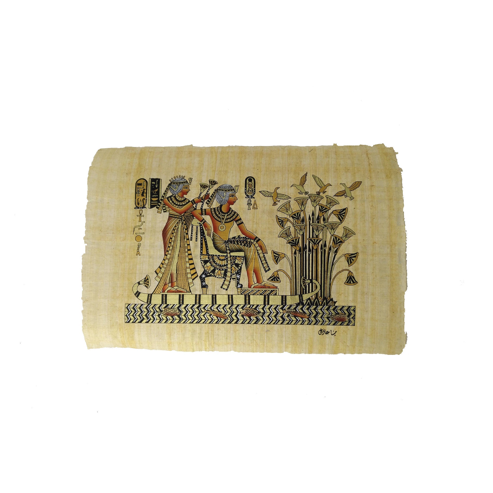 King Tutankamun and by Queen Ankhesenamun on Nile Boat Papyrus - 20x30cm