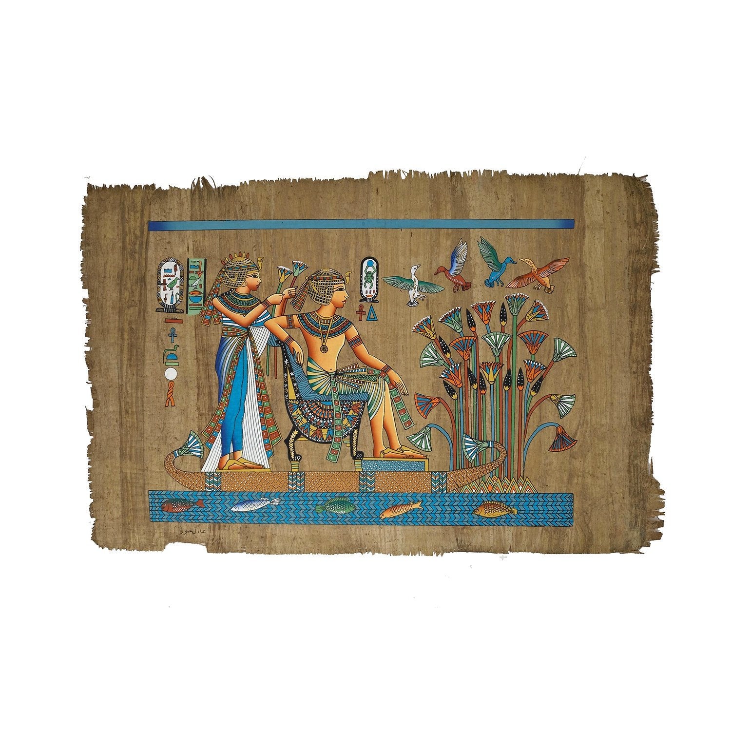 King Tutankamun and Queen Ankhesenamun on Nile Boat on Antiqued Papyrus - 40x60cm