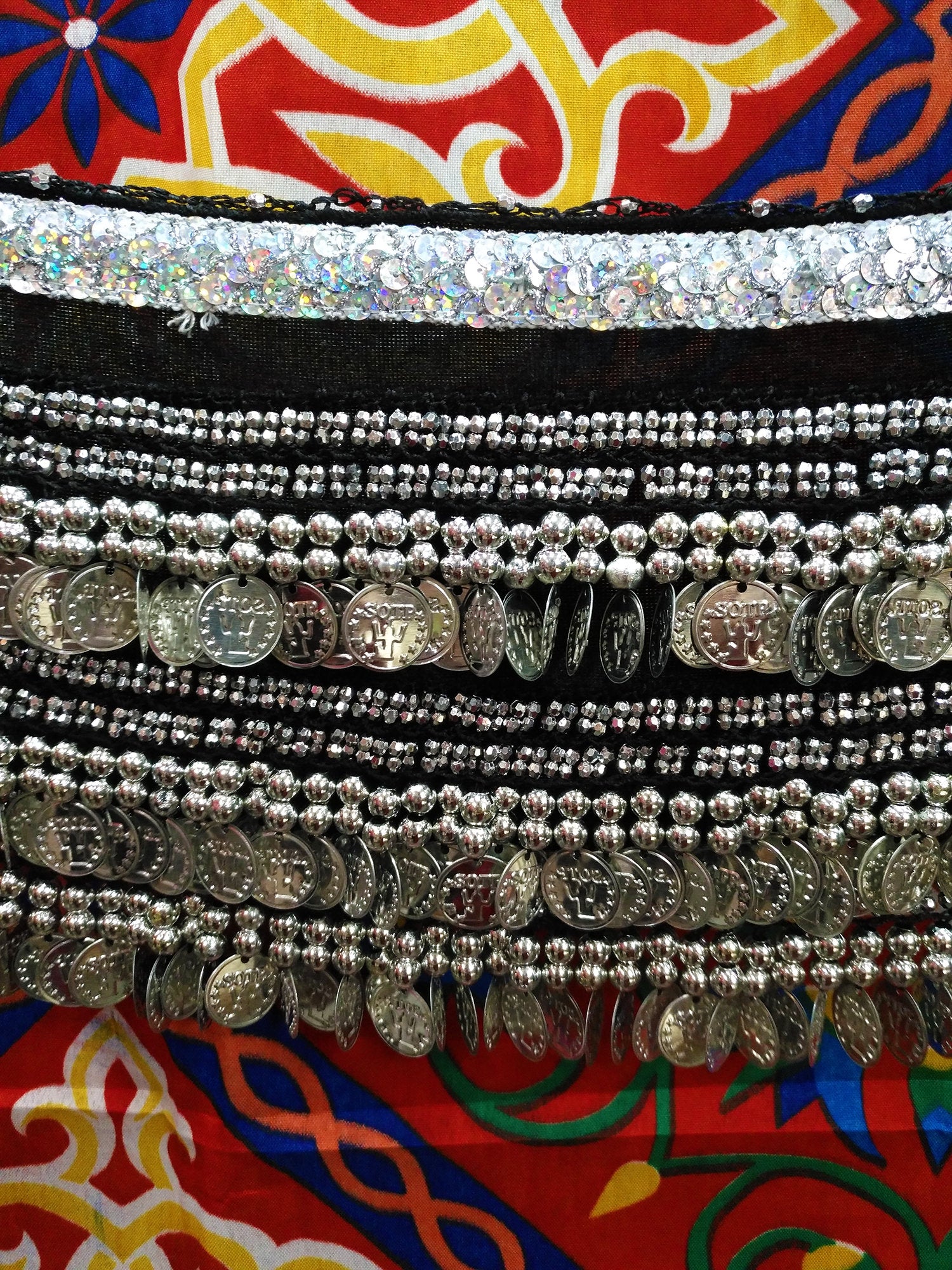 Egyptian Style Belly Dance Hip Scarf - Black Velvet Coin Belt for Belly Dancing with Sparkly Sequin Band & Over 300 coins!