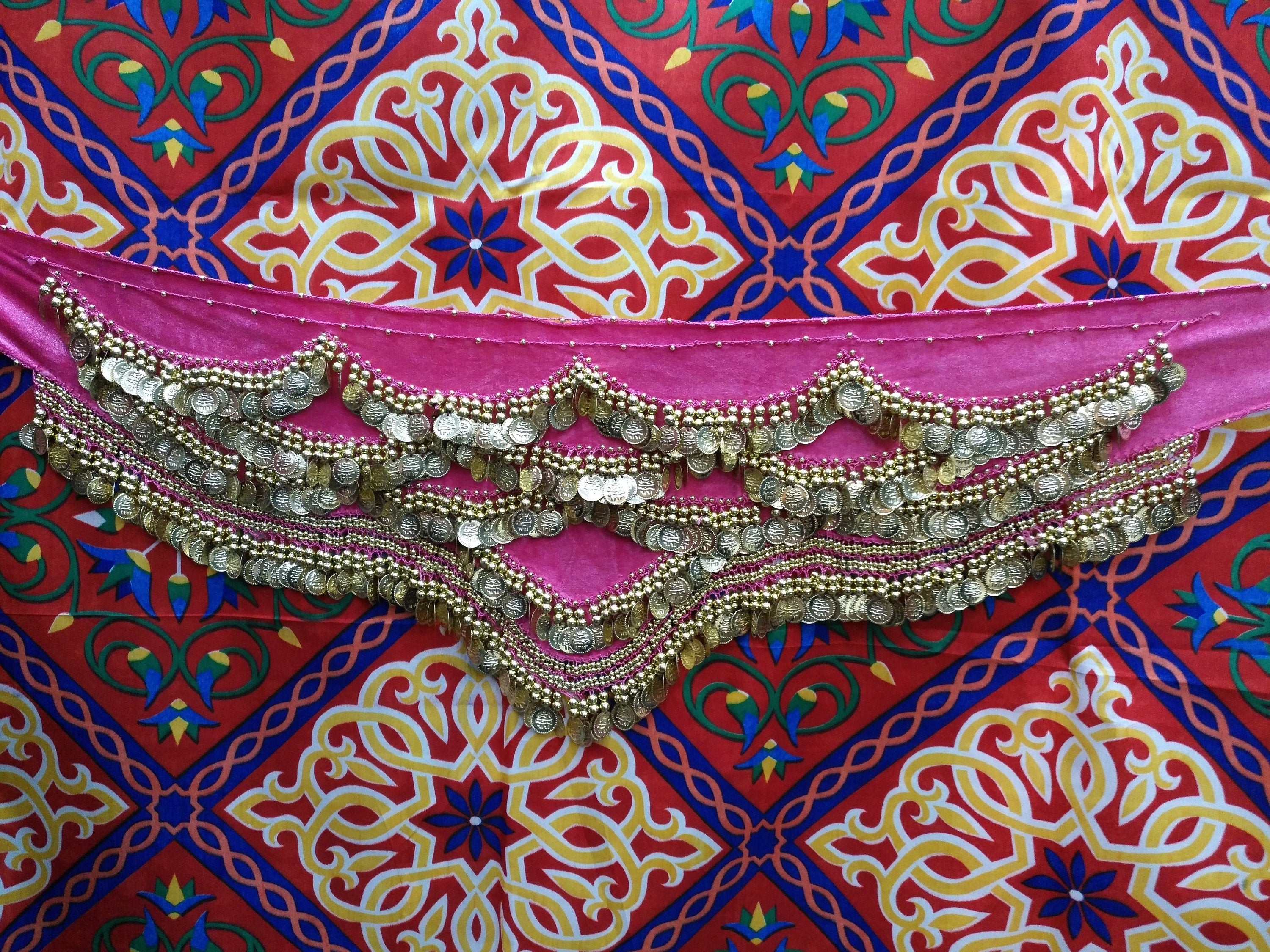 Egyptian Style Belly Dance Hip Scarf - Pink Velvet Coin Belt for Belly Dancing with Traditional Design & lots of coins!