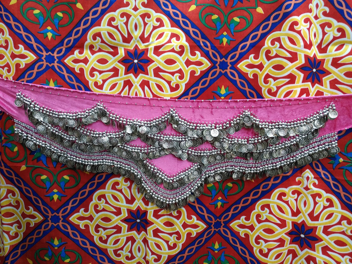 Egyptian Style Belly Dance Hip Scarf - Pink Velvet Coin Belt for Belly Dancing with Traditional Design & lots of coins!