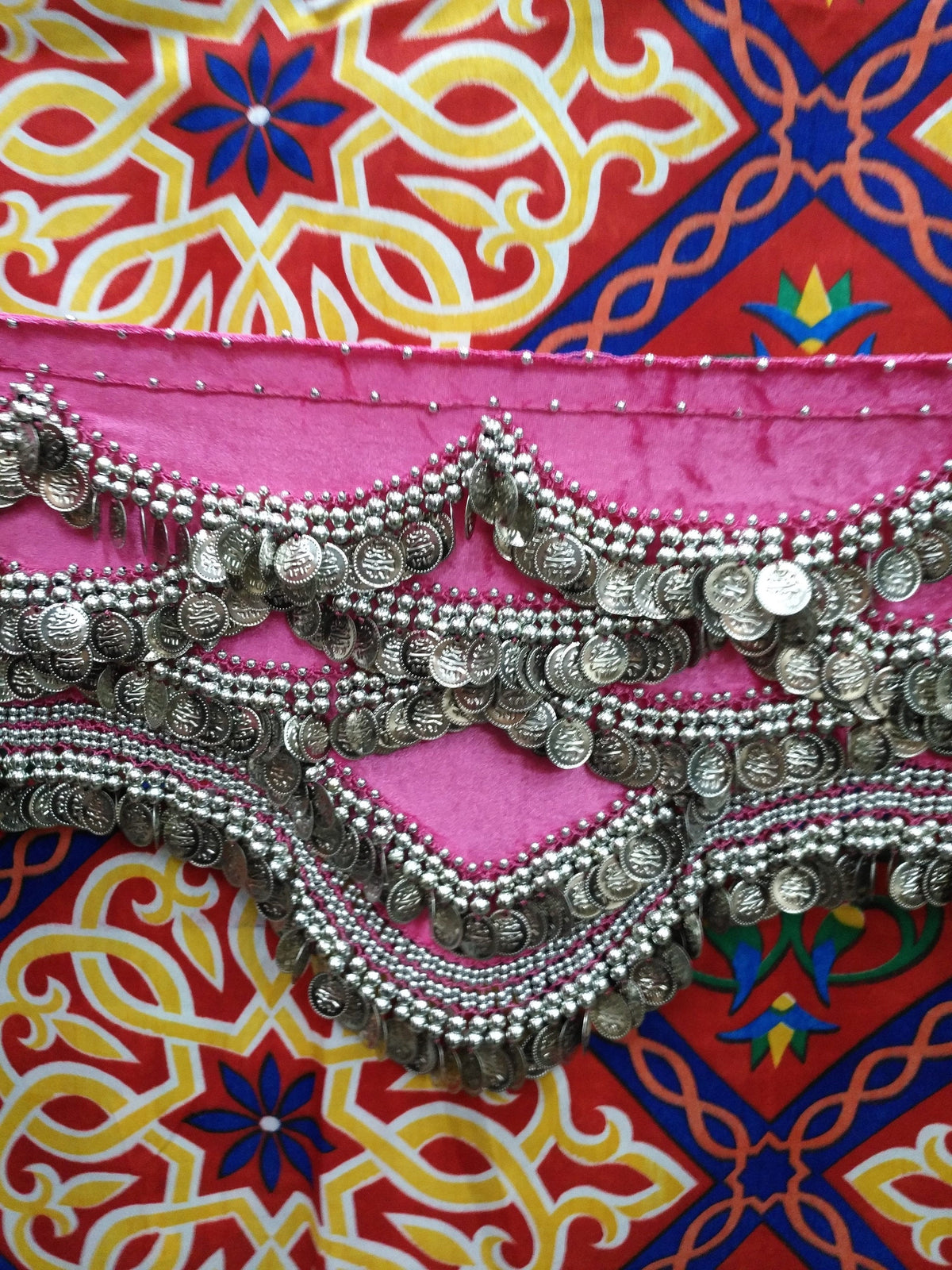 Egyptian Style Belly Dance Hip Scarf - Pink Velvet Coin Belt for Belly Dancing with Traditional Design & lots of coins!