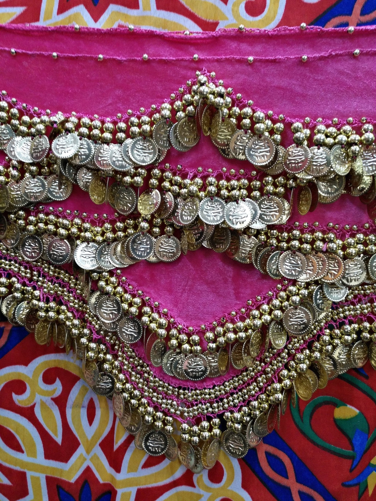 Egyptian Style Belly Dance Hip Scarf - Pink Velvet Coin Belt for Belly Dancing with Traditional Design & lots of coins!