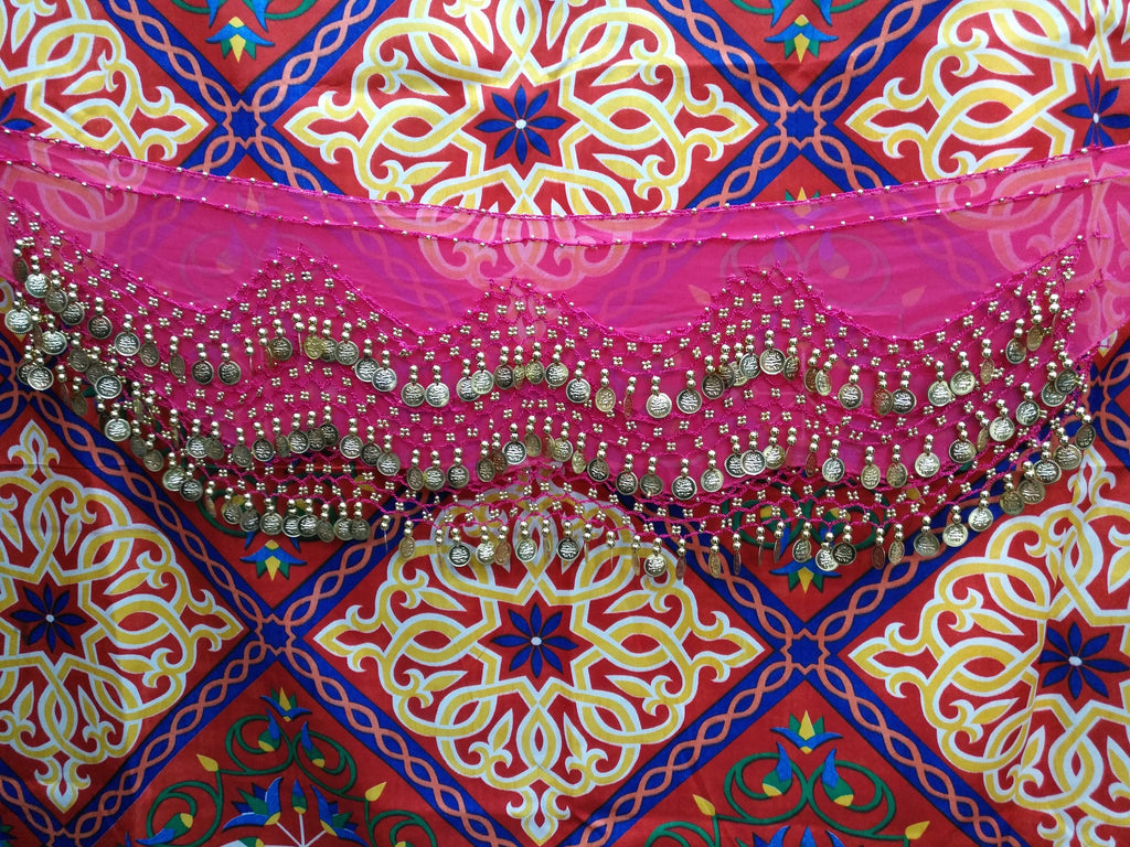 Egyptian Style Belly Dance Hip Scarf - Fuchsia Chiffon Coin Belt for Belly Dancing