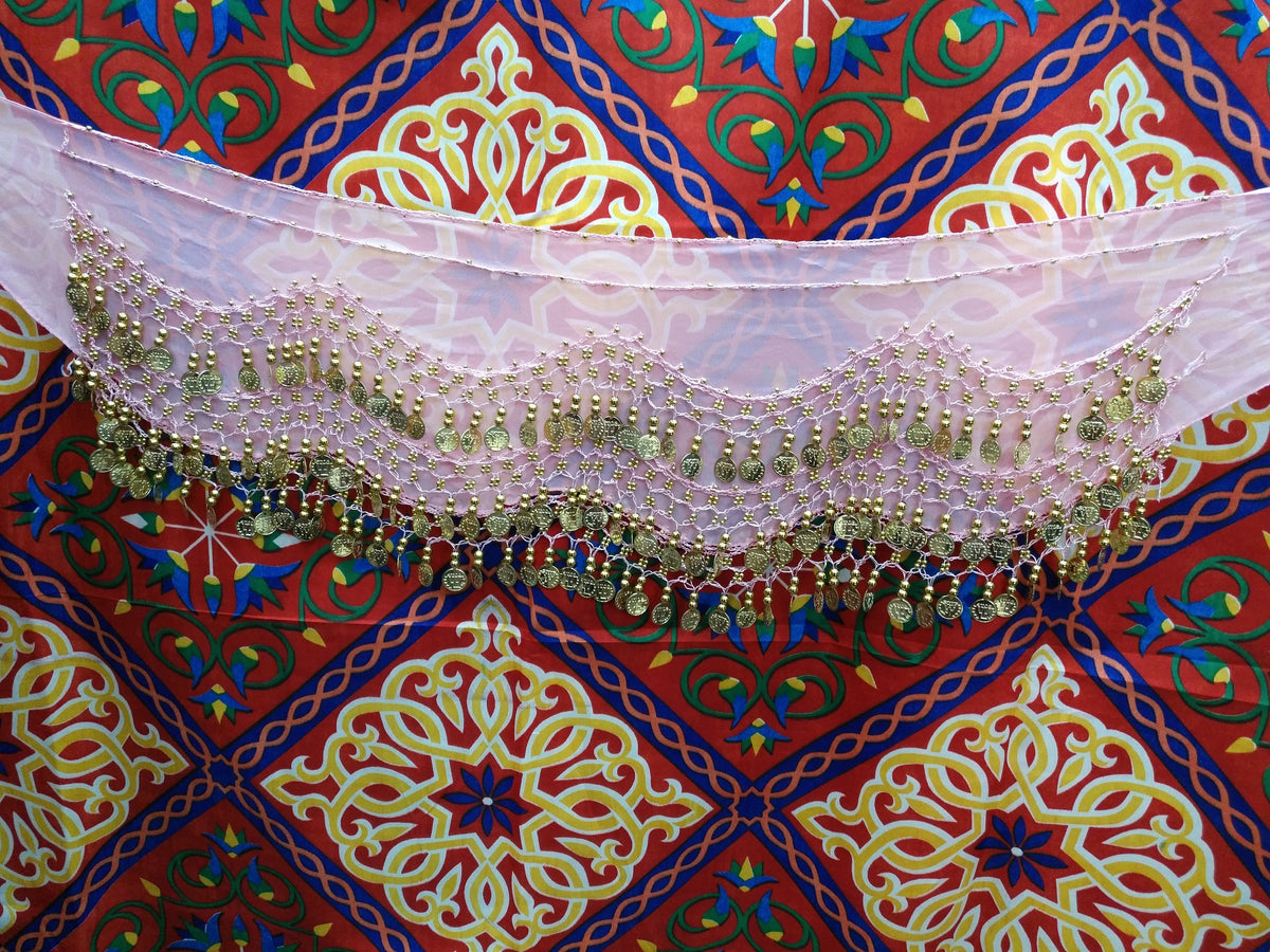 Egyptian Style Belly Dance Hip Scarf - Light Pink Chiffon Coin Belt for Belly Dancing
