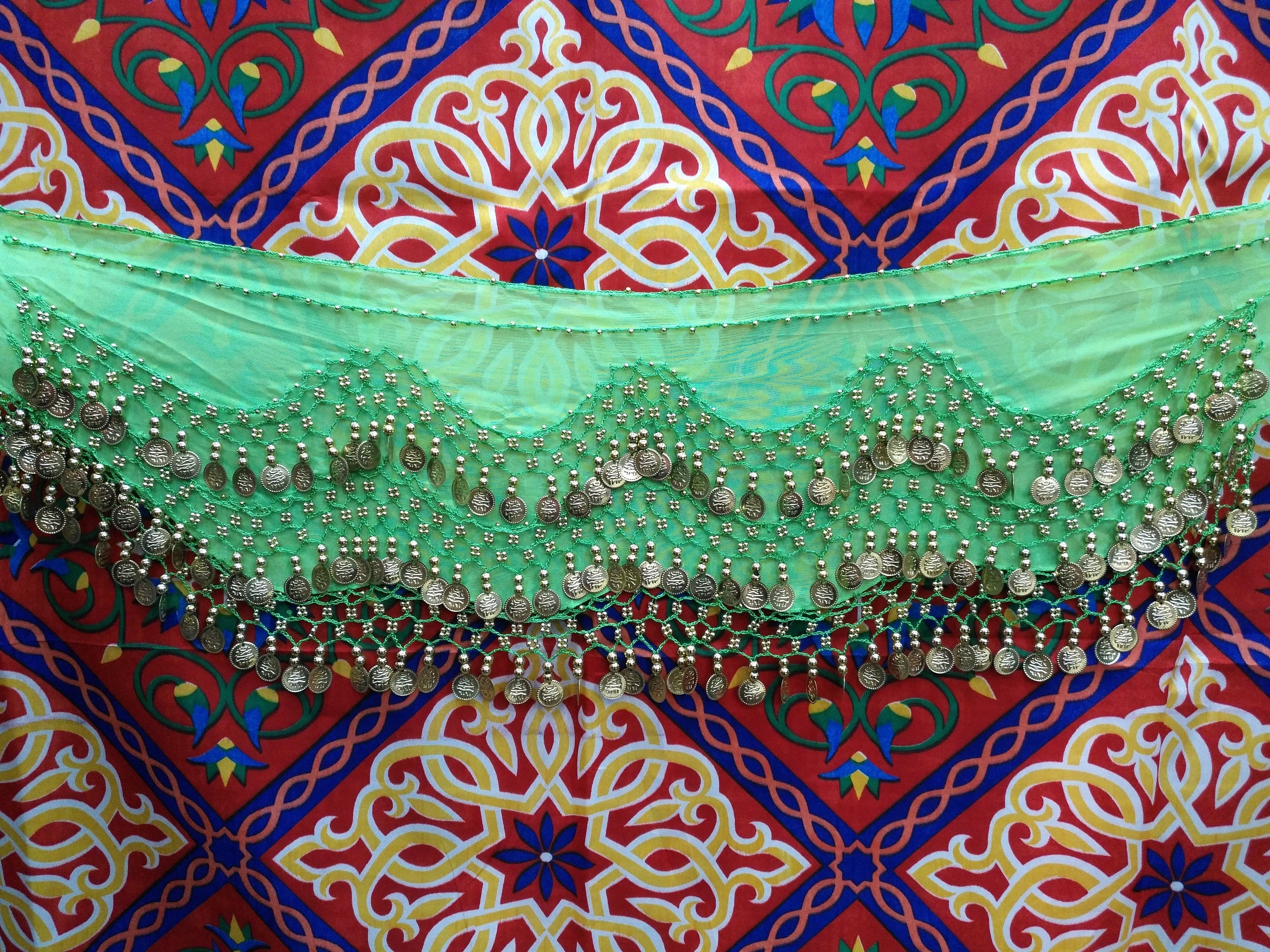 Egyptian Style Belly Dance Hip Scarf - Lime Green Chiffon Coin Belt for Belly Dancing