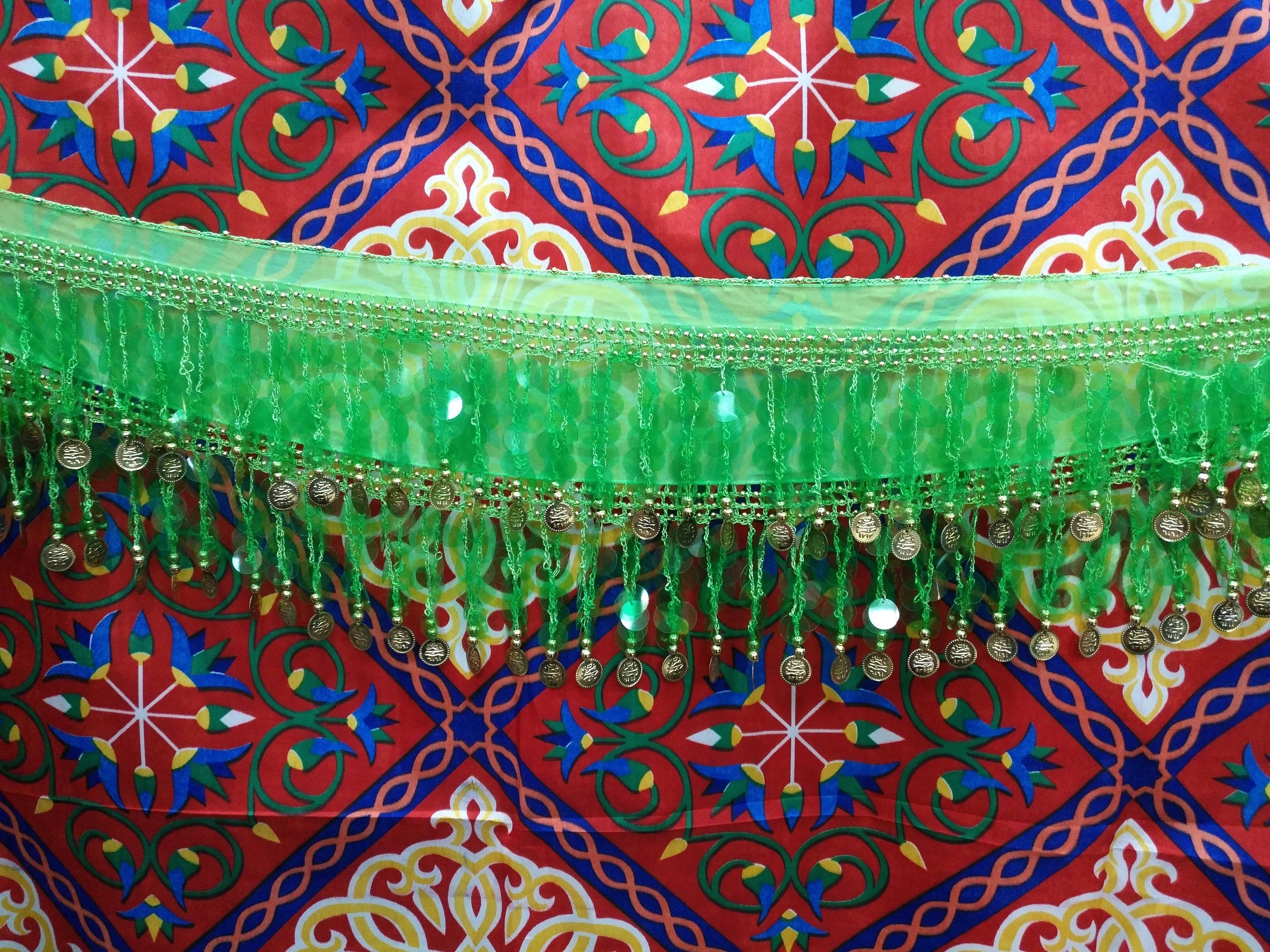 Egyptian Style Belly Dance Hip Scarf - Lime Green Chiffon Coin Belt with Paillette's for Belly Dancing