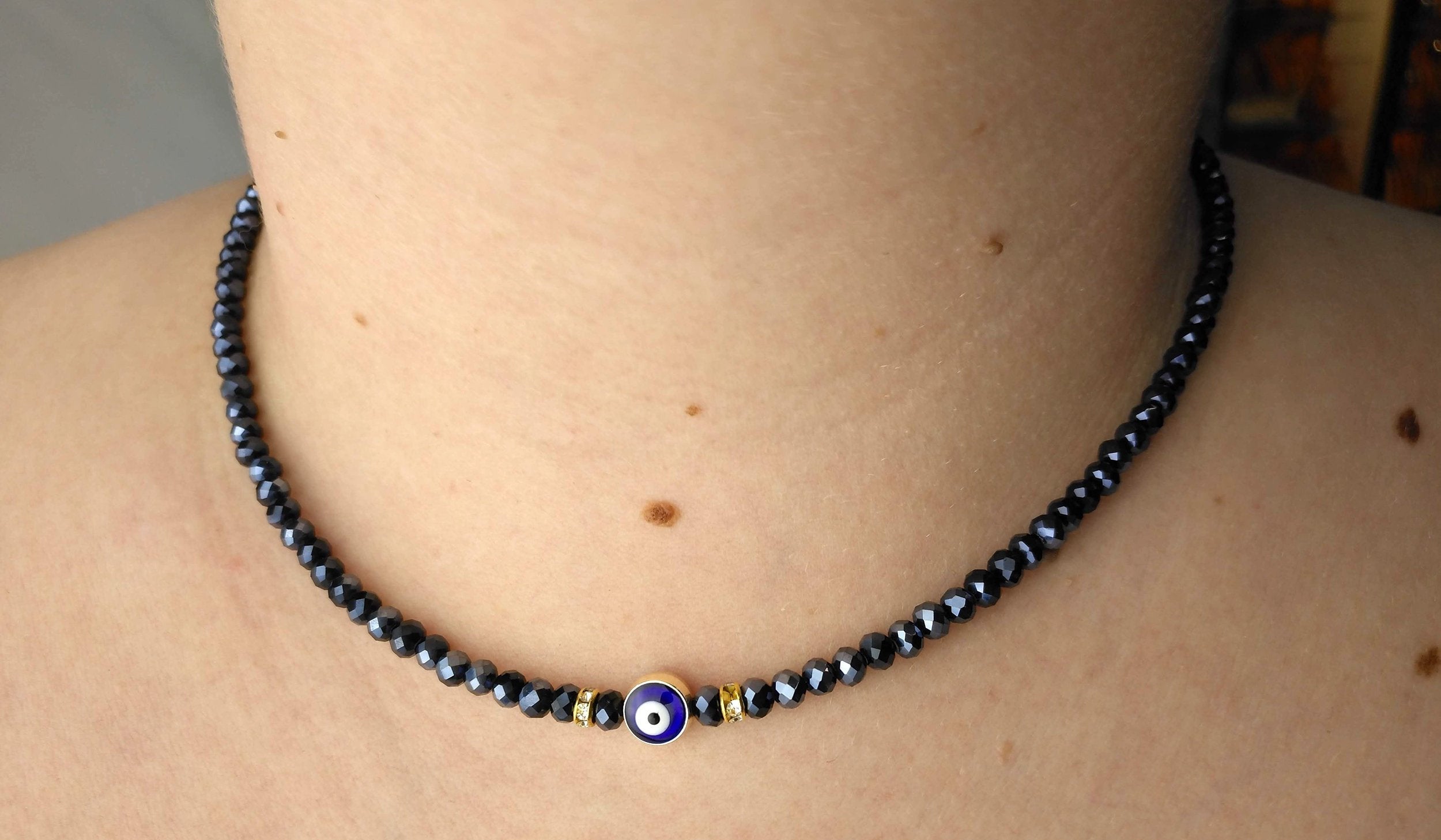 Beaded Evil Eye Necklace - Oil Slick Black