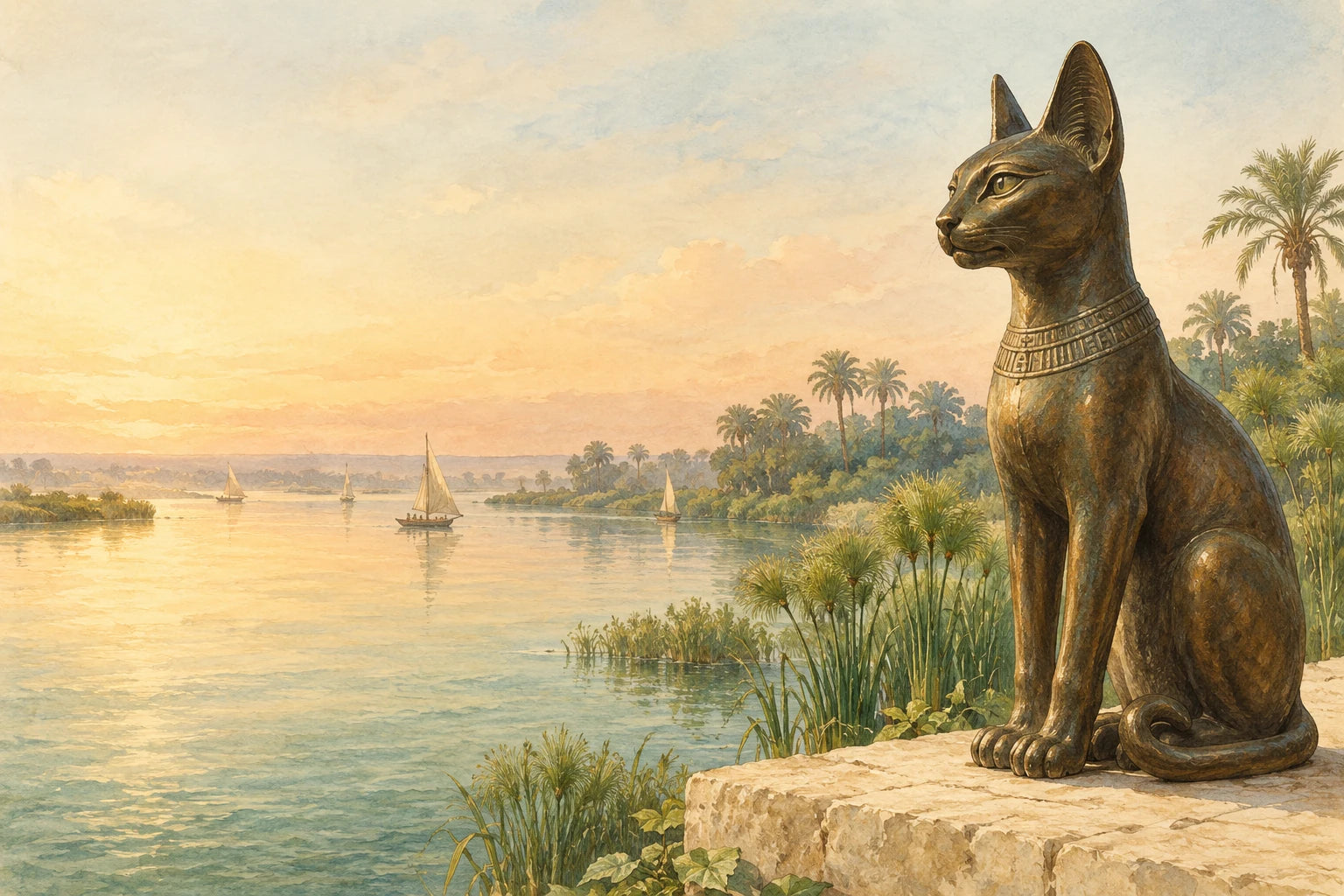 An imagined watercolor scene of a bronze cat overlooking the green waterways of the Nile Delta at dawn.
